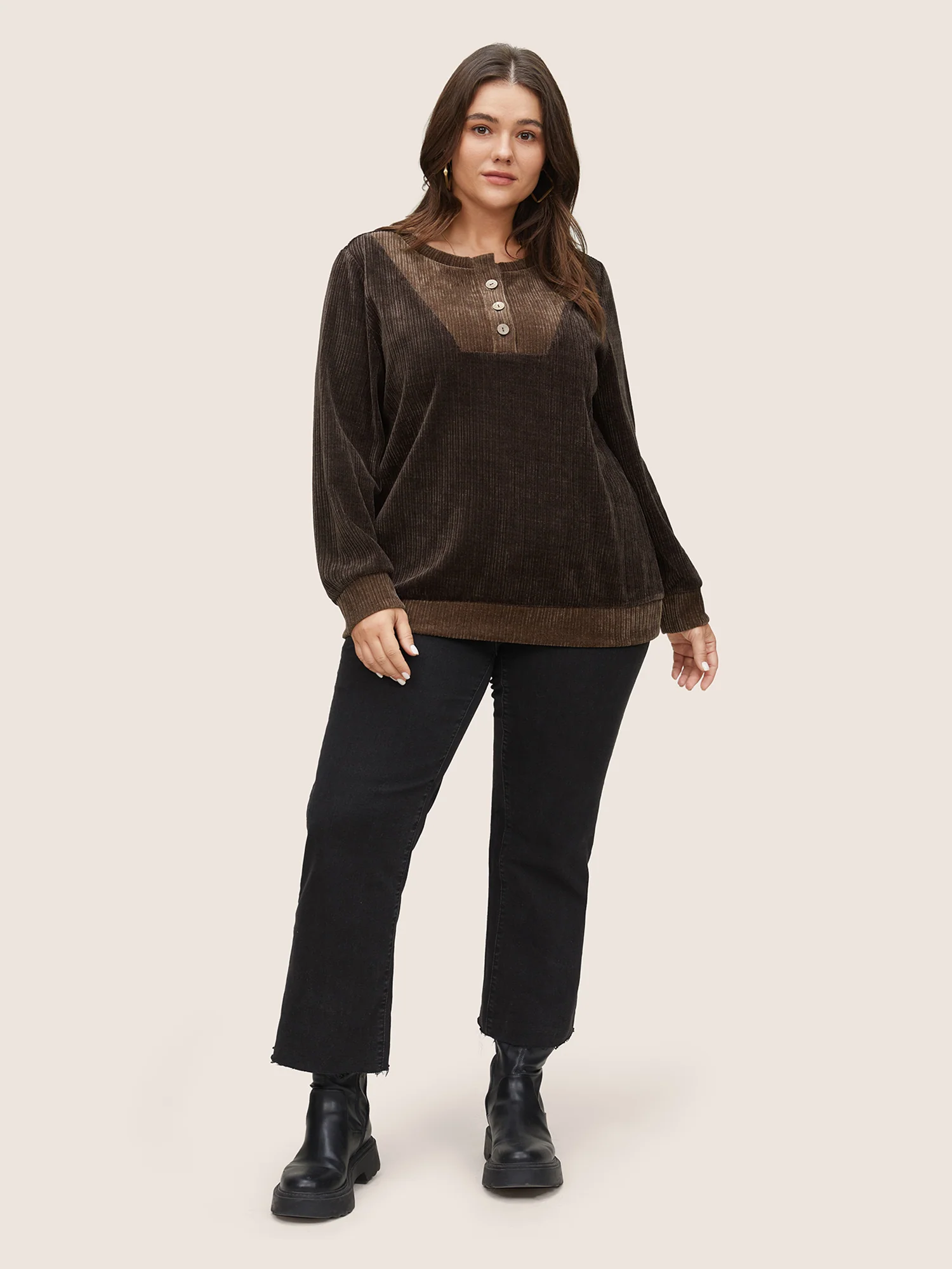 Chenille Plisse Patchwork Button Detail Sweatshirt - Image 3