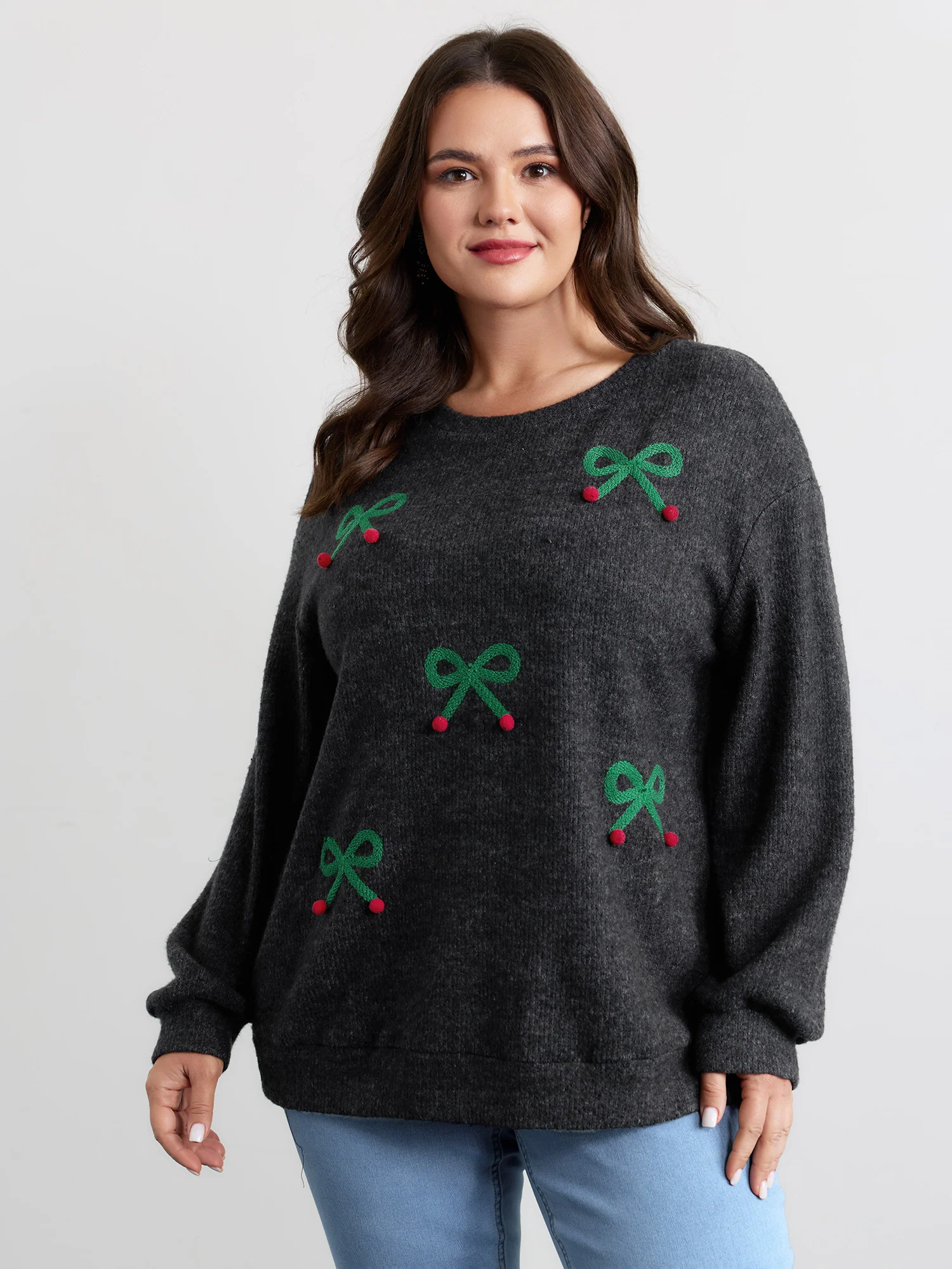 Cherry Cord Embroidery Textured Sweatshirt - Image 2