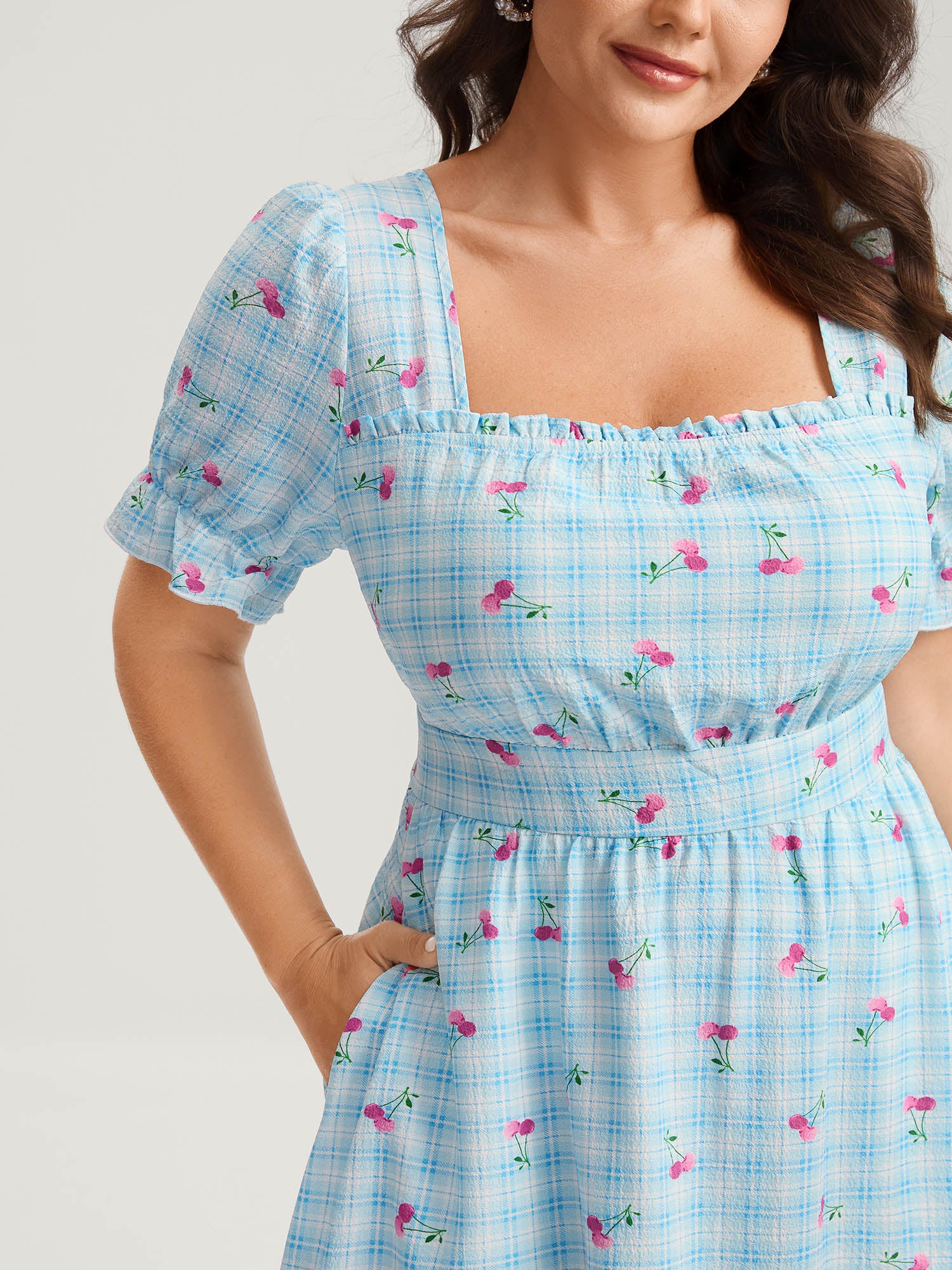 Cherry Gingham Print Shirred Mini Dress - Image 2