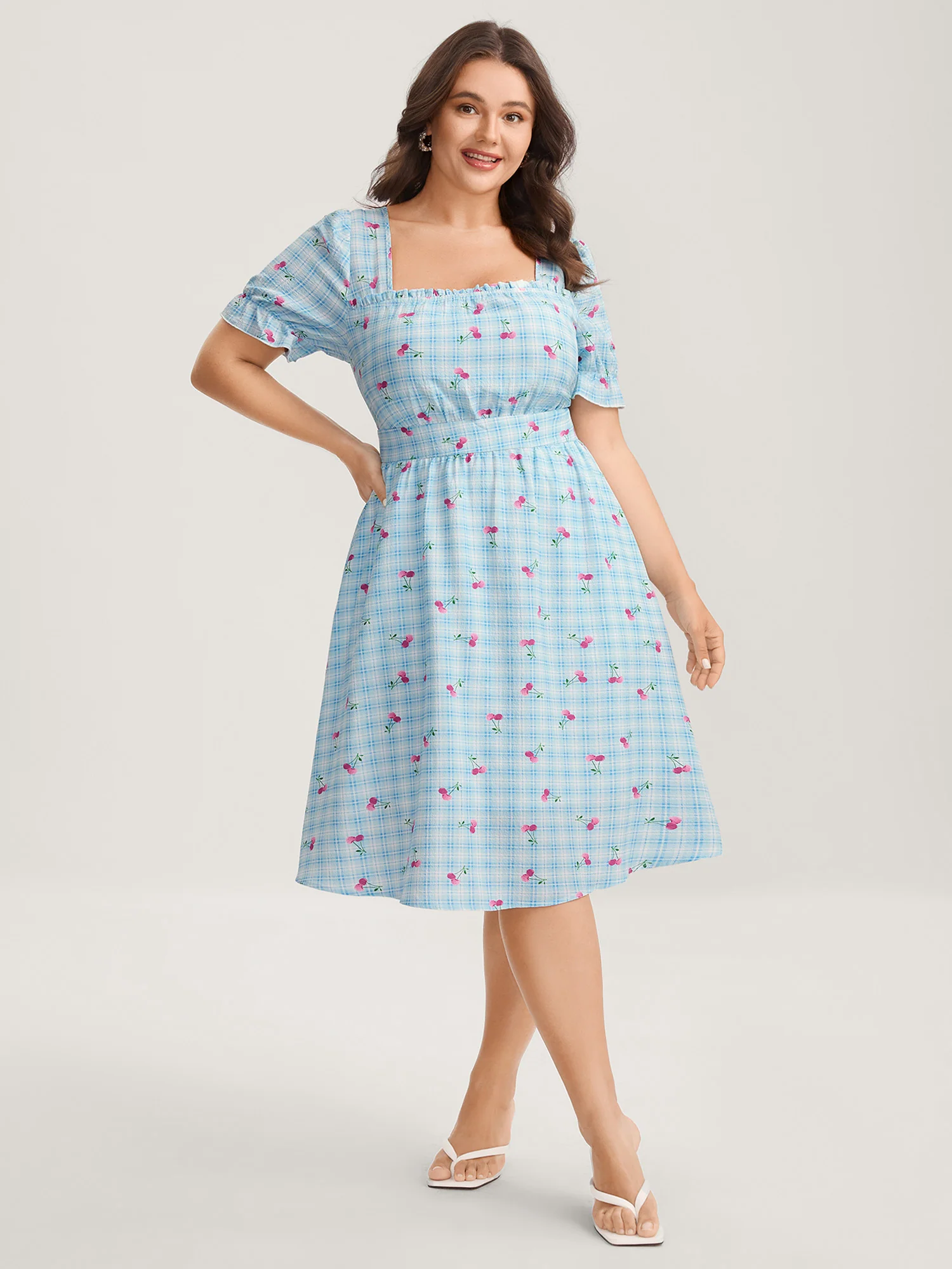 Cherry Gingham Print Shirred Mini Dress - Image 3