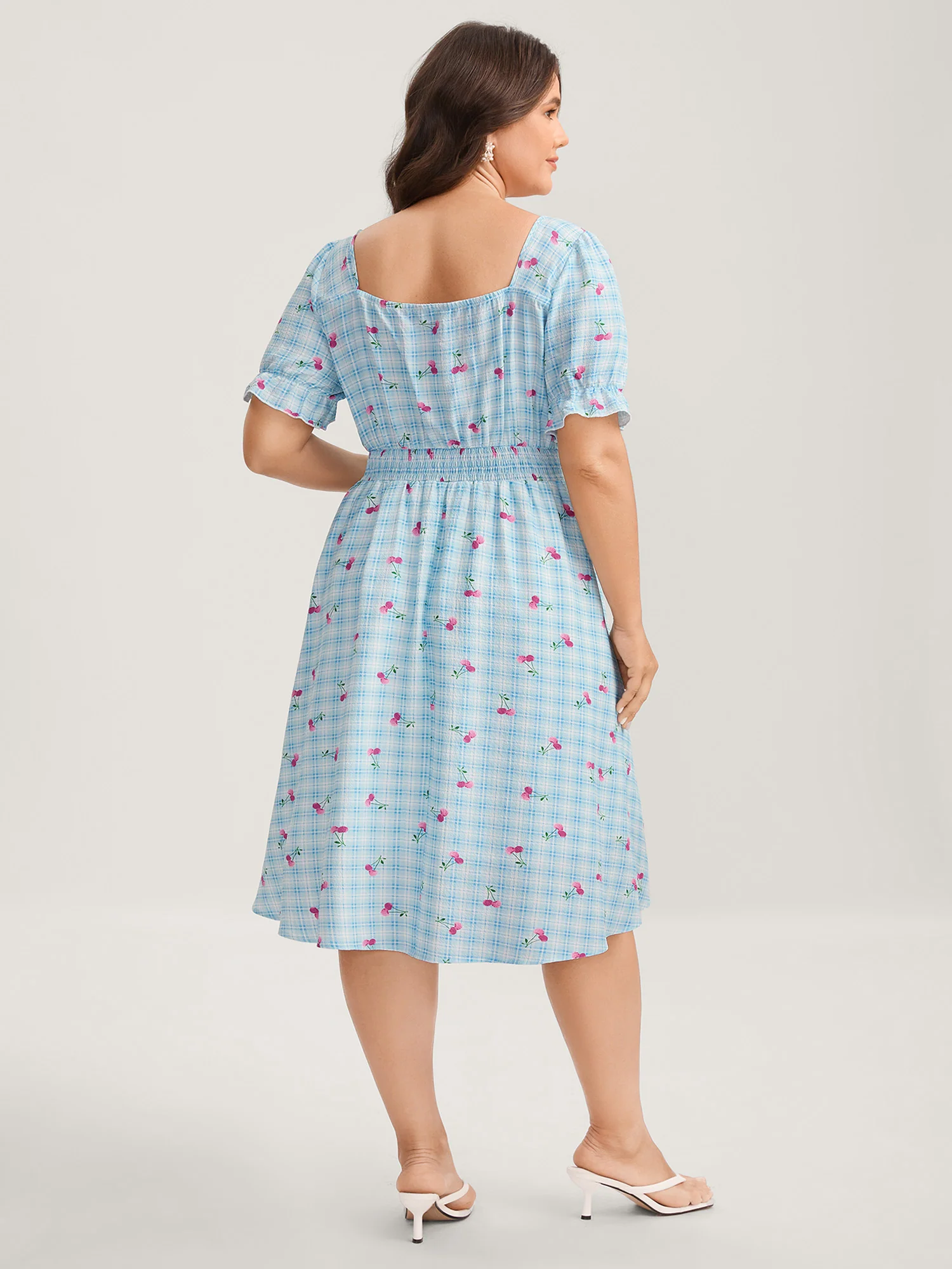 Cherry Gingham Print Shirred Mini Dress - Image 4