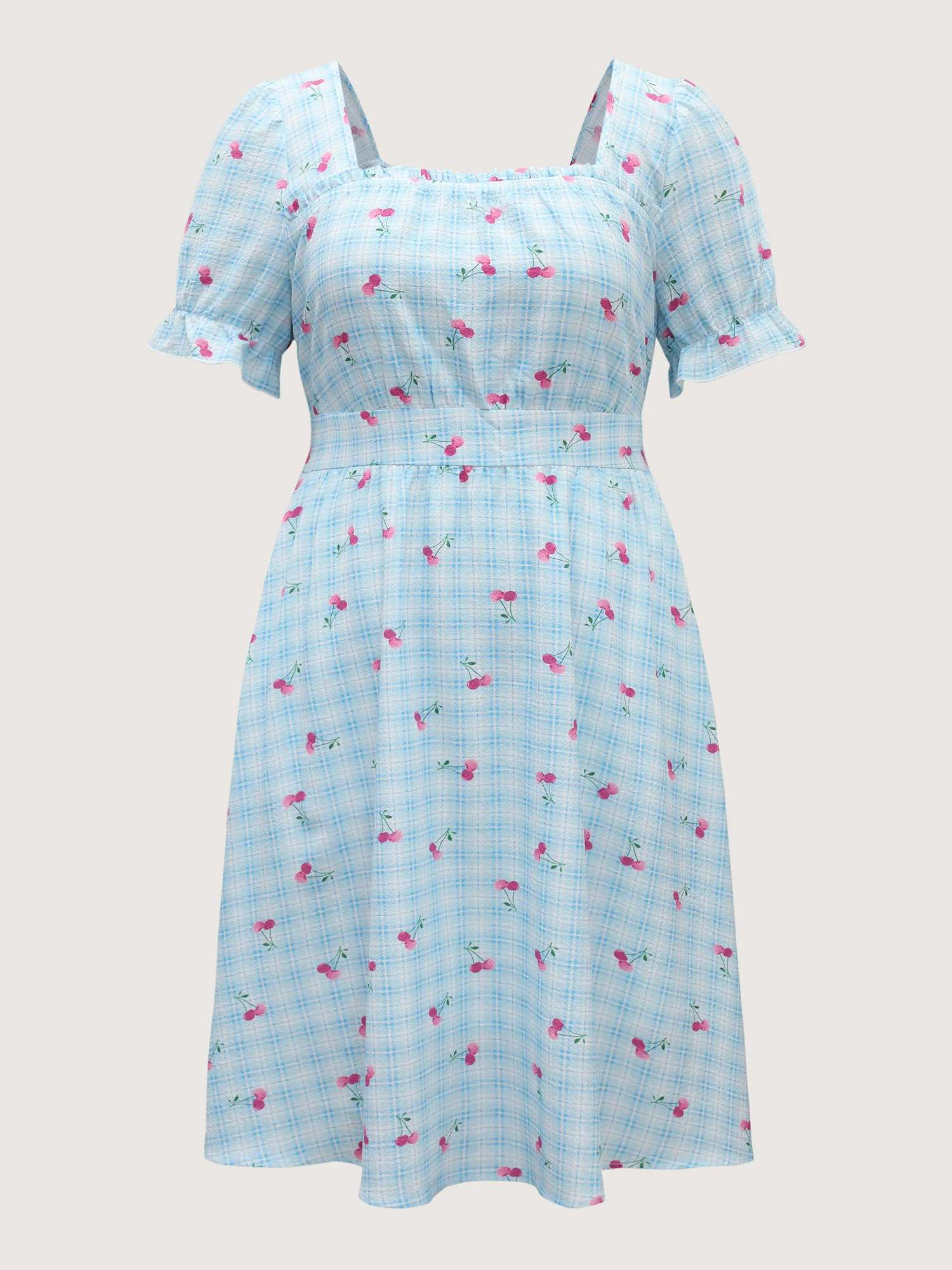 Cherry Gingham Print Shirred Mini Dress - Image 7