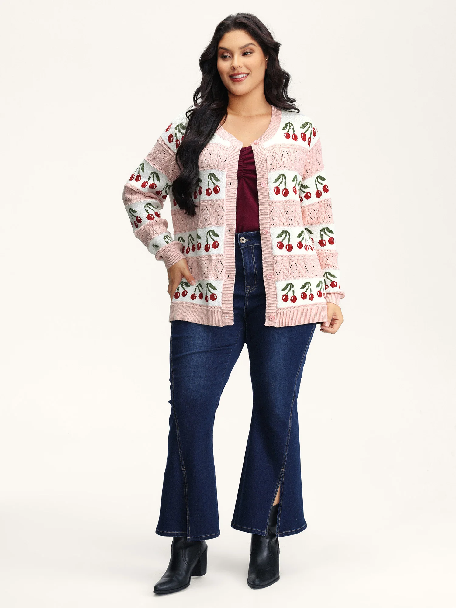 Cherry Jacquard Print Button Knit Cardigan - Image 3