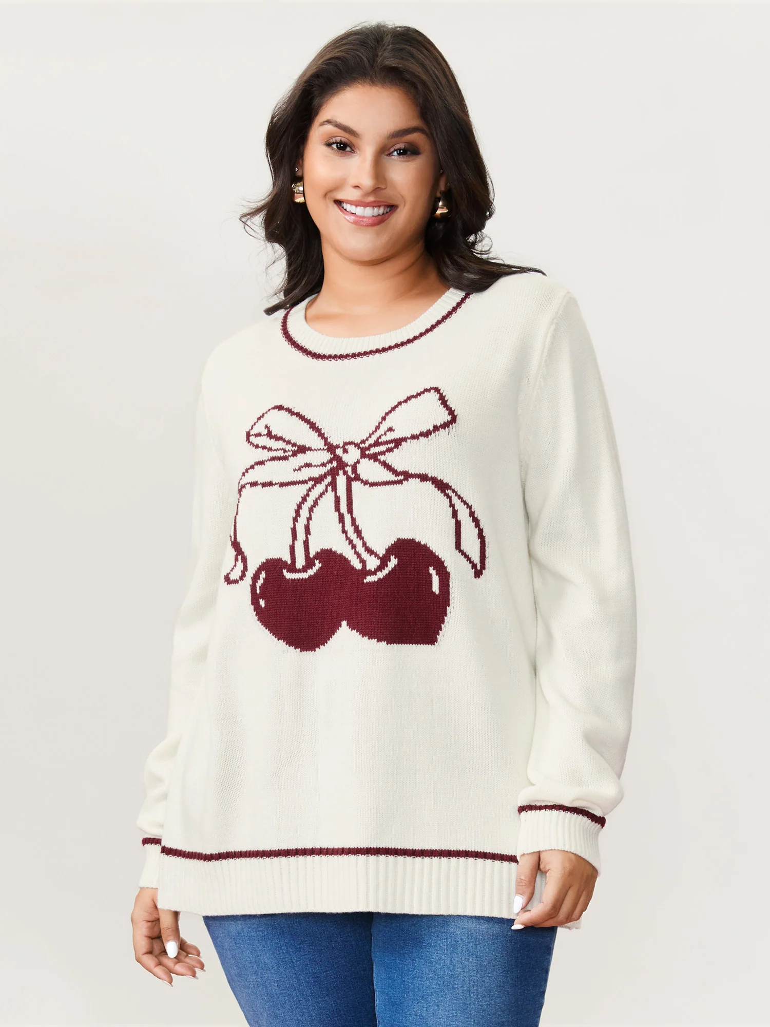 Cherry Pattern Jacquard Color Contrast Pullover