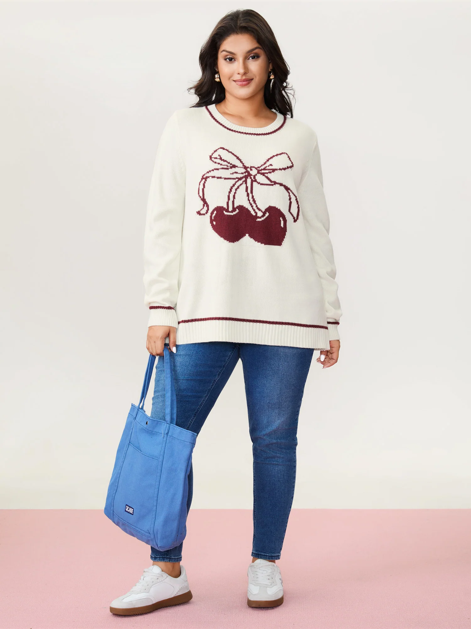 Cherry Pattern Jacquard Color Contrast Pullover - Image 2