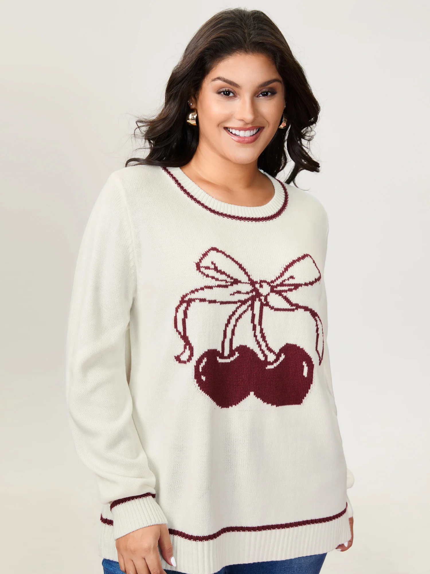 Cherry Pattern Jacquard Color Contrast Pullover - Image 3