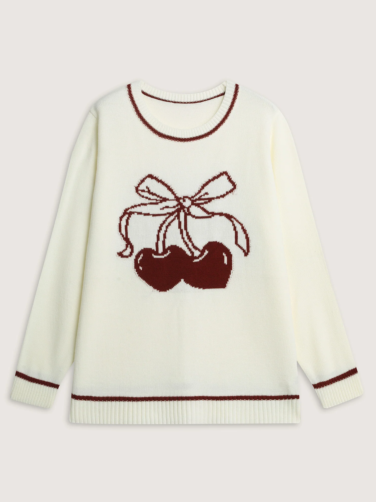 Cherry Pattern Jacquard Color Contrast Pullover - Image 7