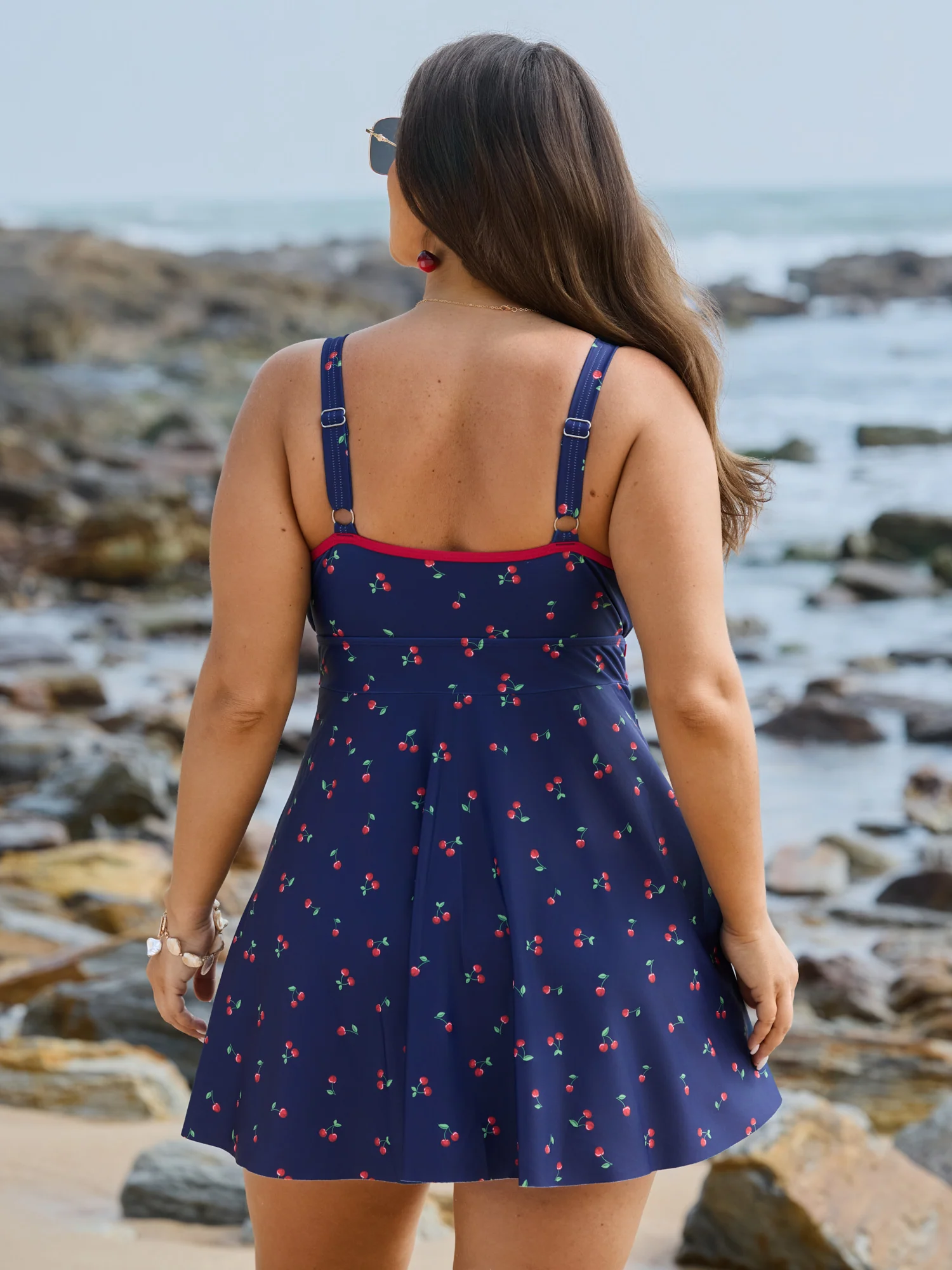 Cherry Print Belted Color Contrast Swim Dress - Image 5