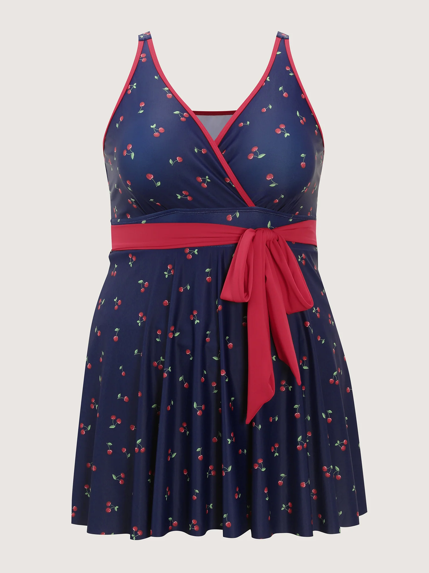 Cherry Print Belted Color Contrast Swim Dress - Image 6