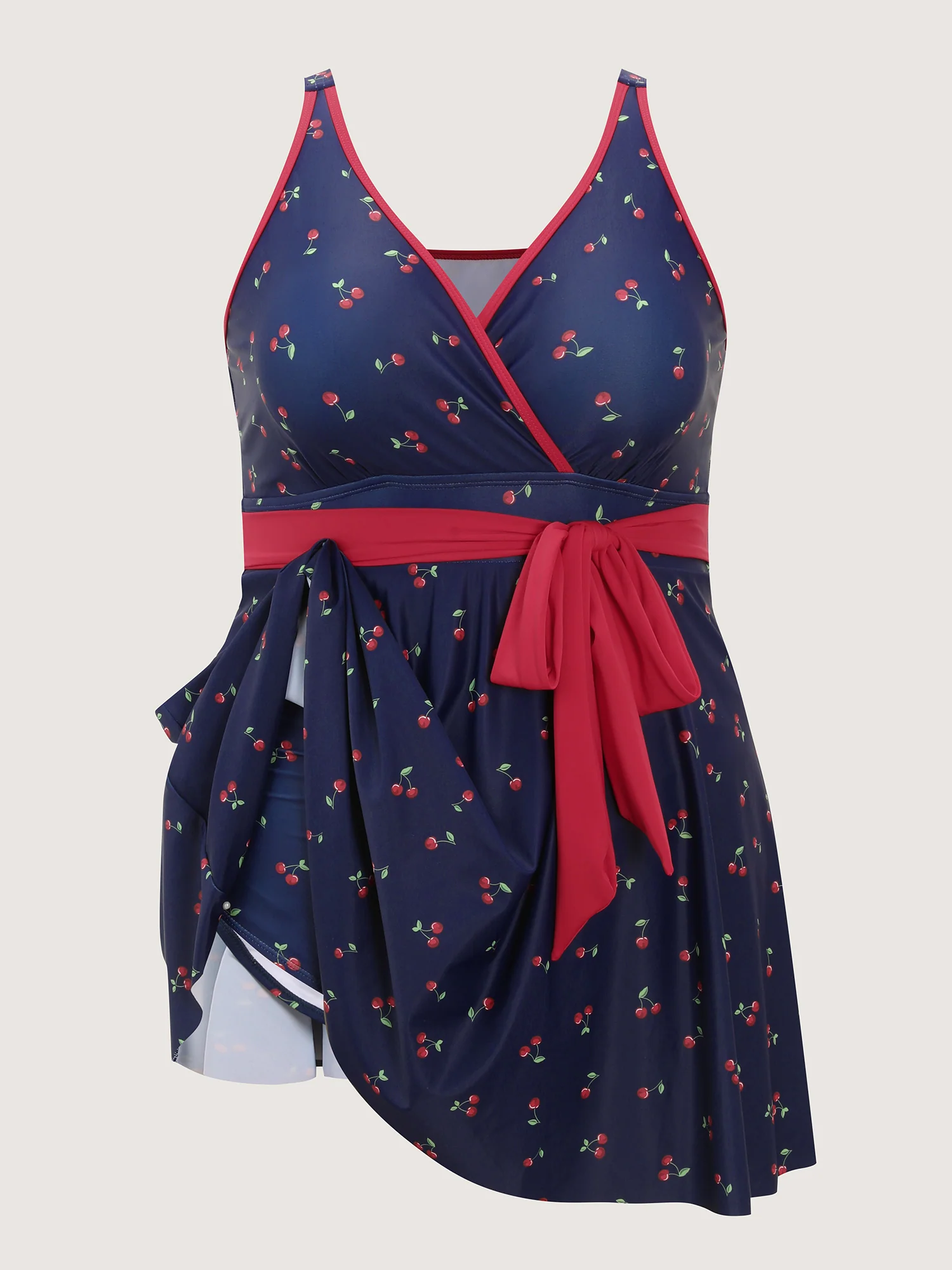 Cherry Print Belted Color Contrast Swim Dress - Image 7