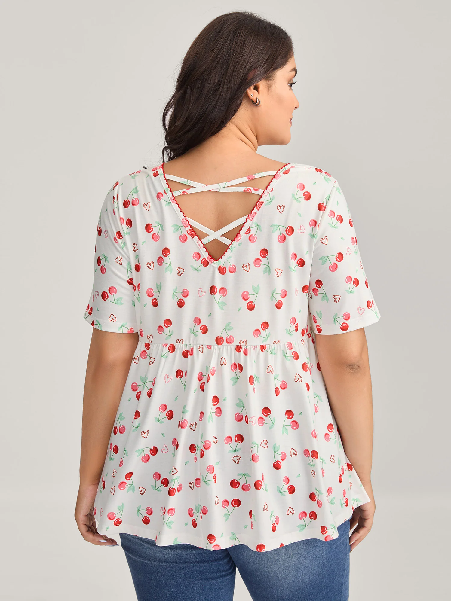 Cherry Print Embroidered V-Neck Top - Image 2
