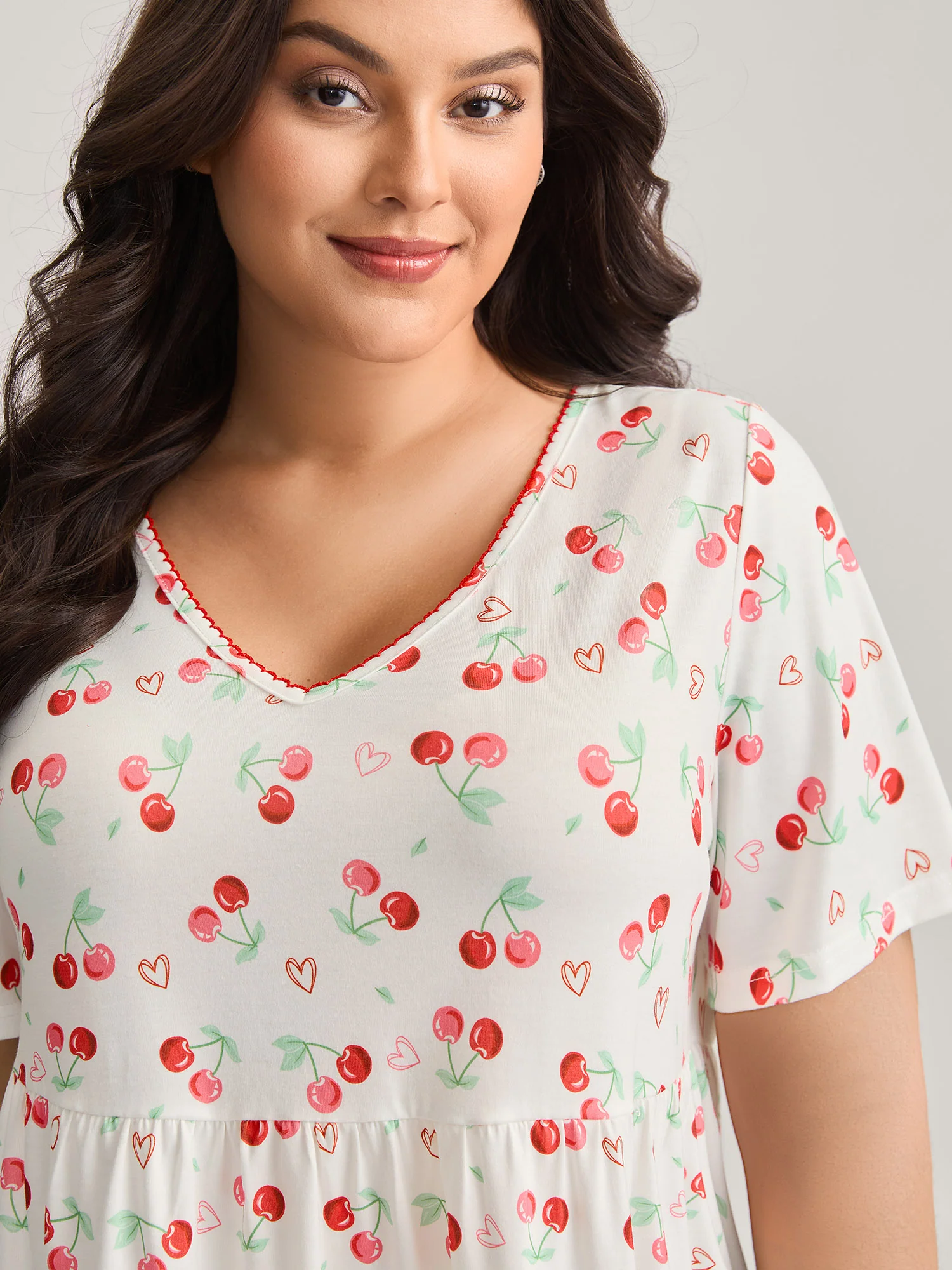 Cherry Print Embroidered V-Neck Top - Image 3