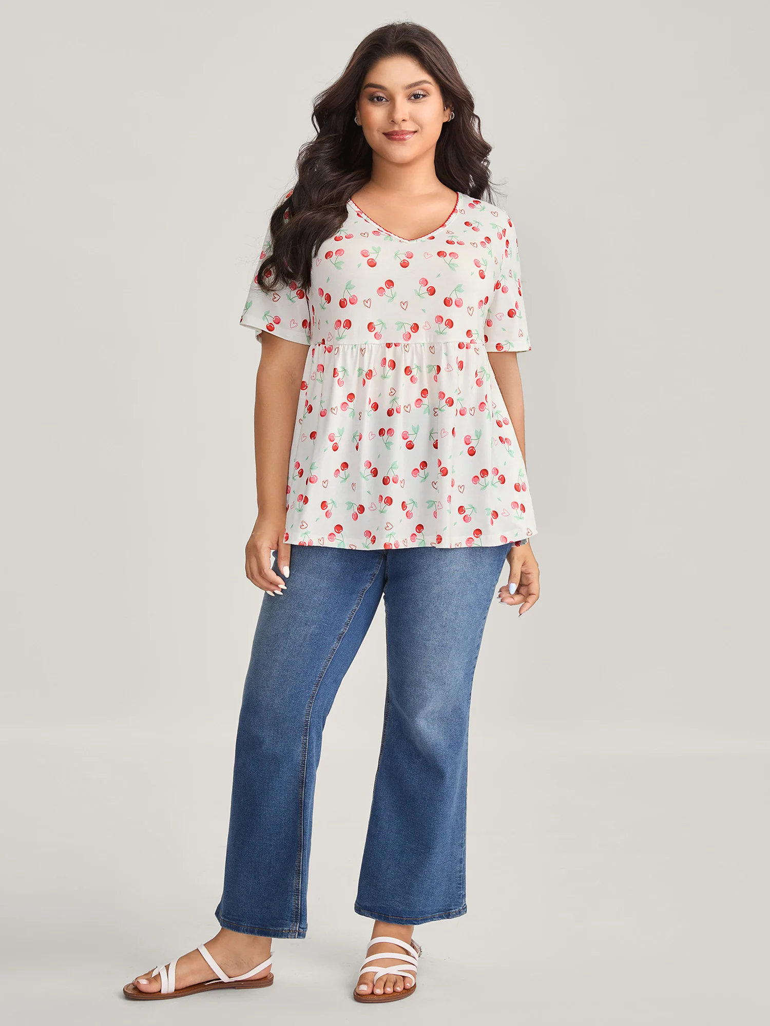 Cherry Print Embroidered V-Neck Top - Image 4
