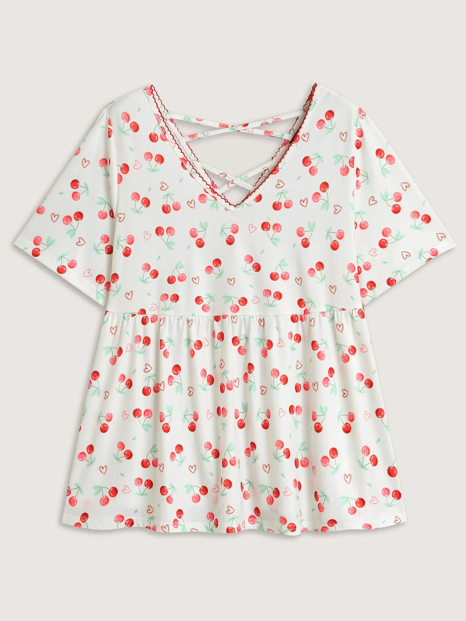 Cherry Print Embroidered V-Neck Top - Image 7