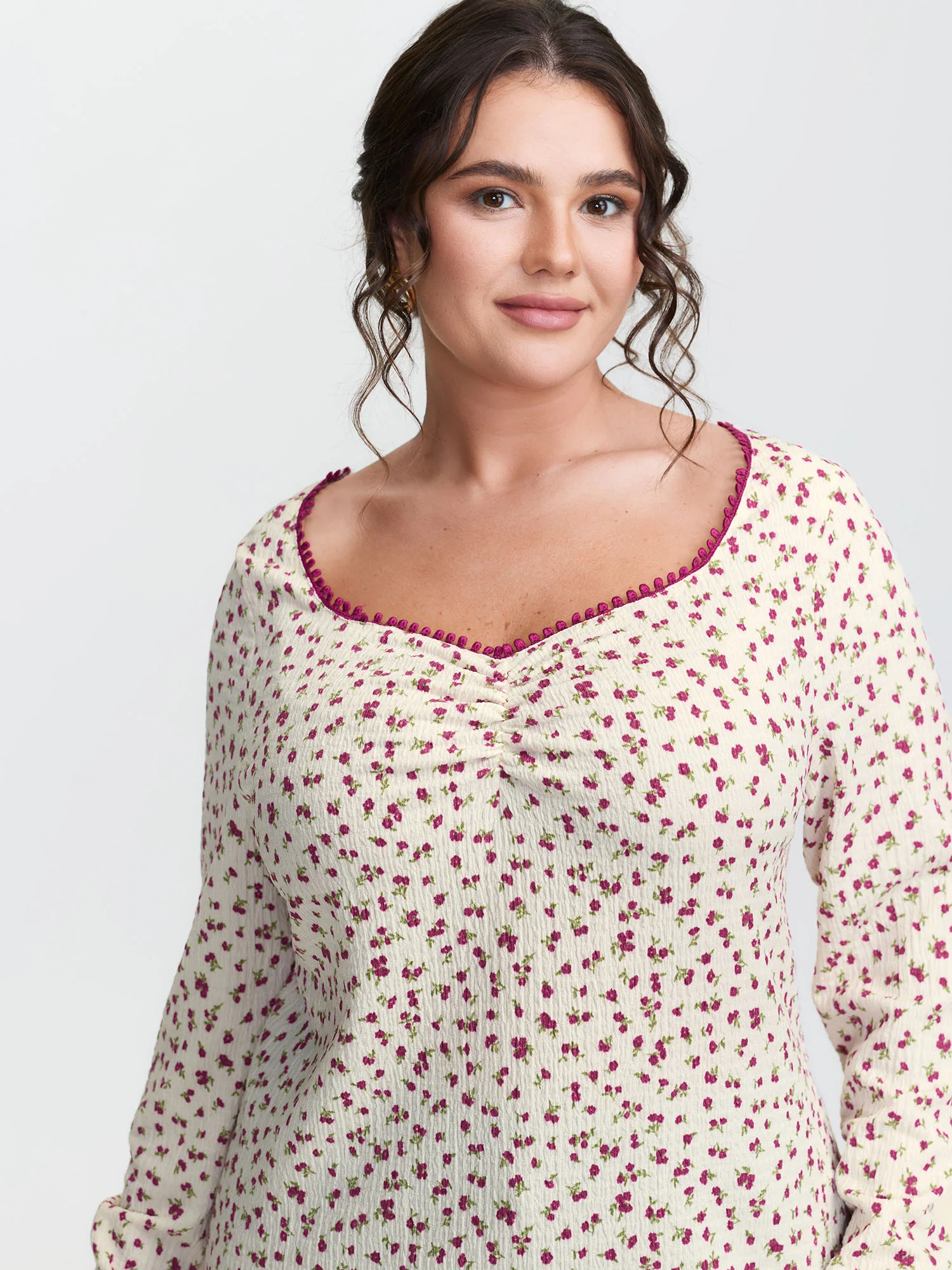 Cherry Print Pleated Stretchy T-Shirt - Image 2