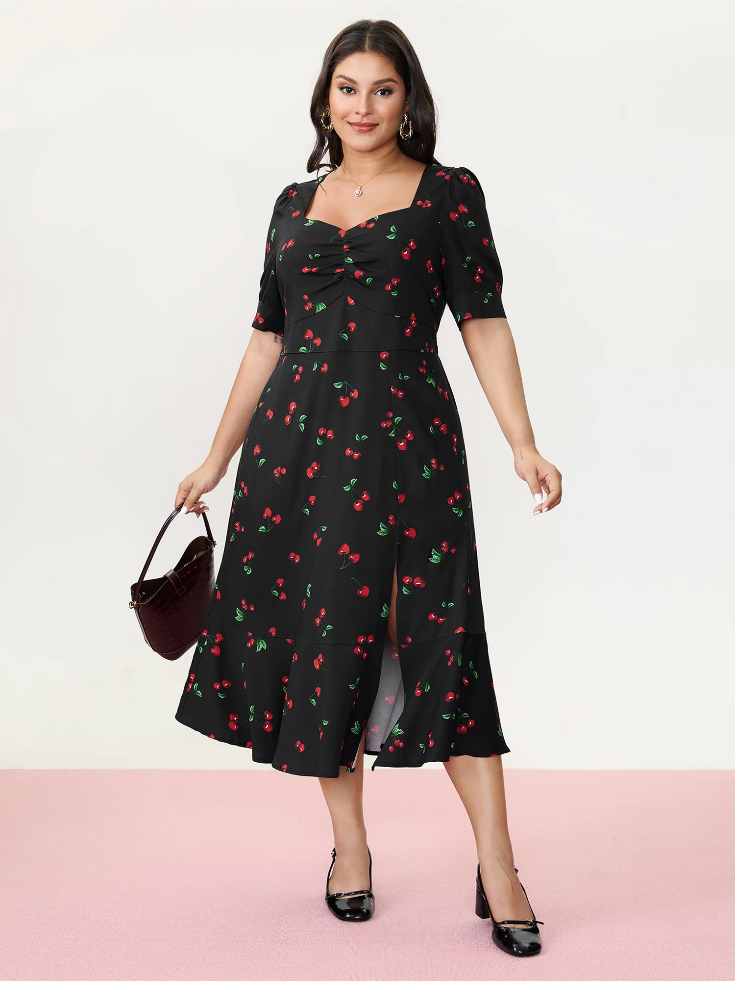 Cherry Print Split Hem Midi Dress - Image 2