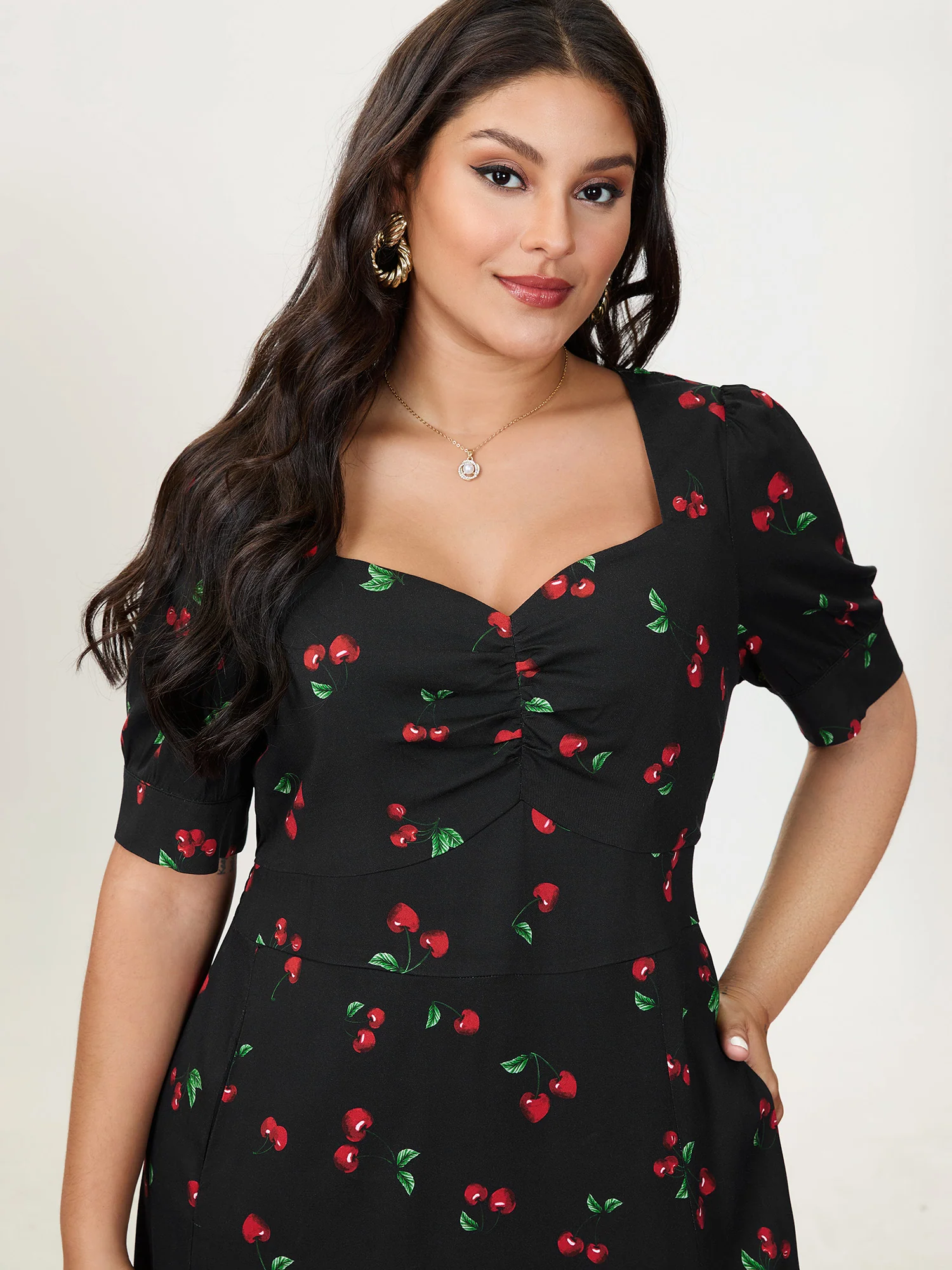 Cherry Print Split Hem Midi Dress - Image 3