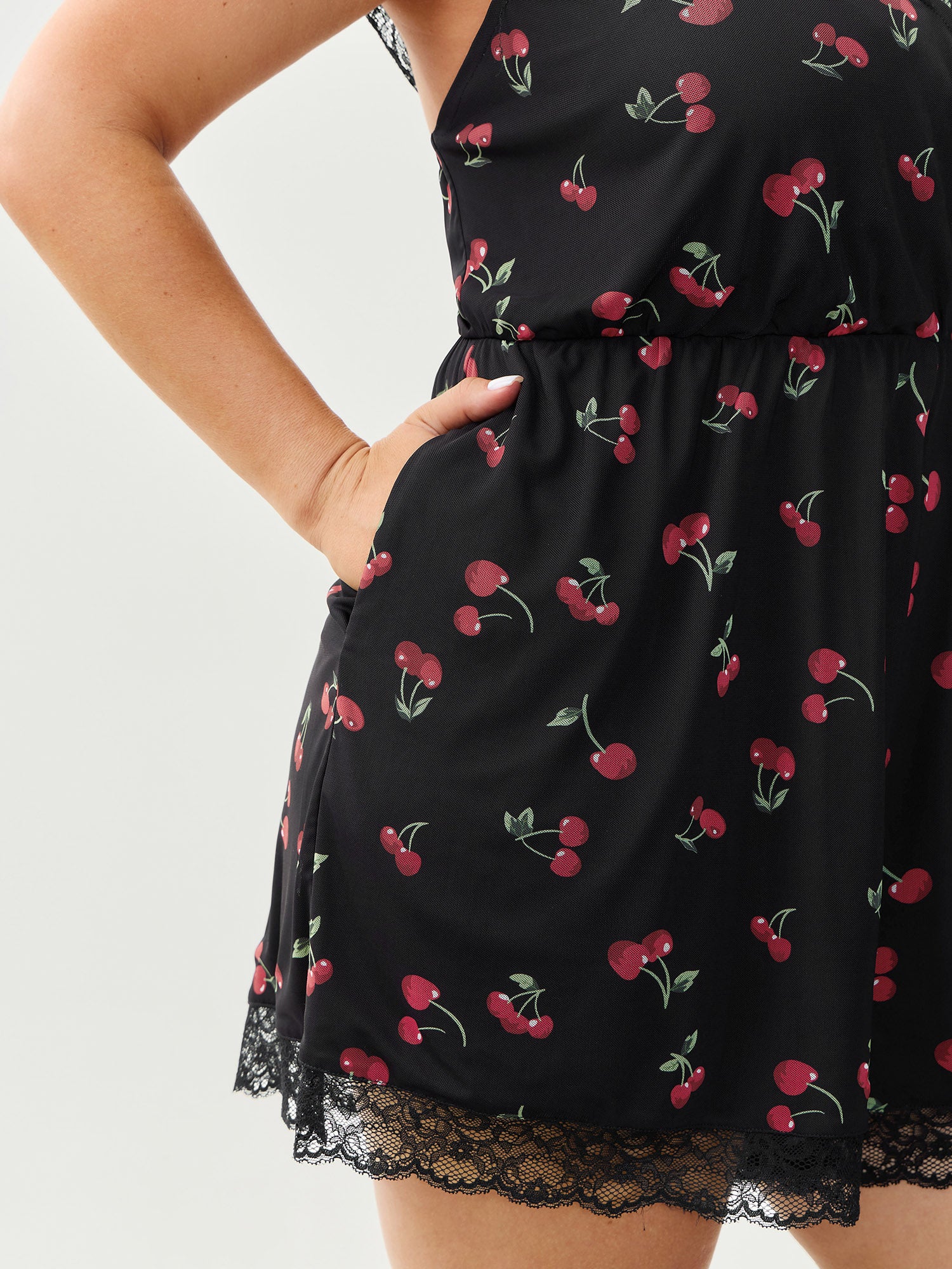 Sweet Cherry Lace Sleeve Lounge Romper - Image 5