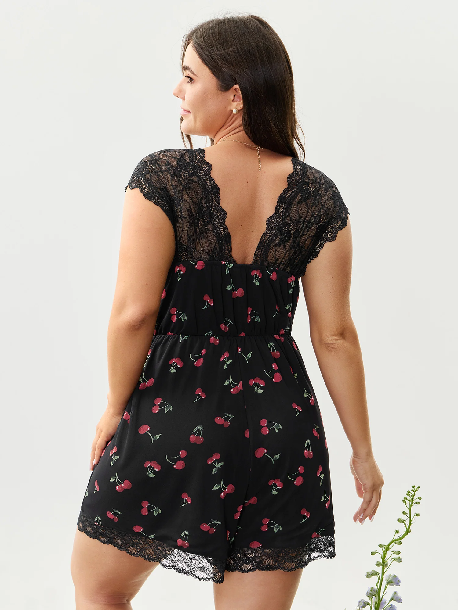 Sweet Cherry Lace Sleeve Lounge Romper - Image 6