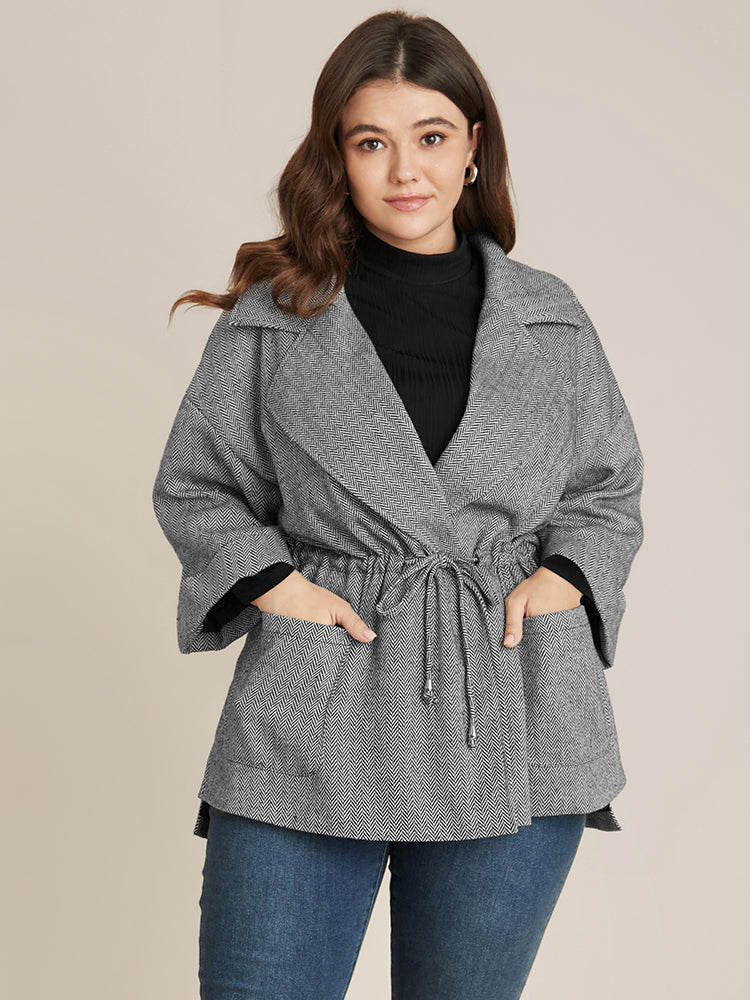 Chevron Pattern Pocket Split Hem Drawstring Coat - Image 2