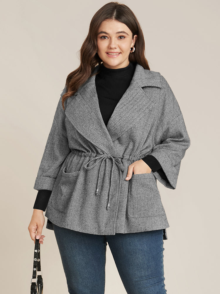 Chevron Pattern Pocket Split Hem Drawstring Coat - Image 3