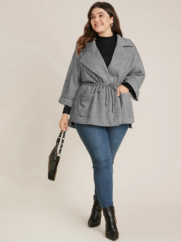 Chevron Pattern Pocket Split Hem Drawstring Coat - Image 4