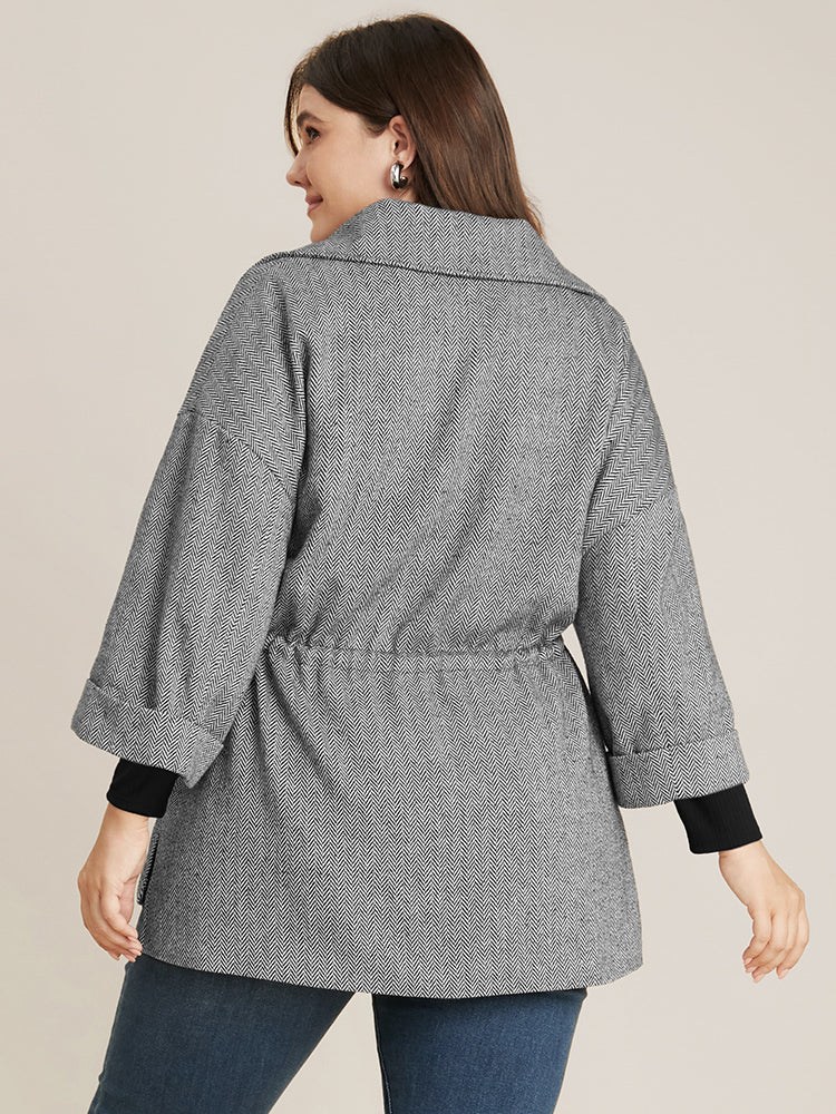 Chevron Pattern Pocket Split Hem Drawstring Coat - Image 5