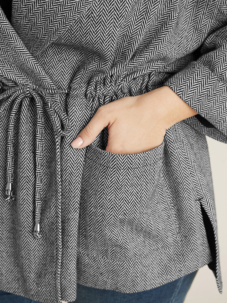 Chevron Pattern Pocket Split Hem Drawstring Coat - Image 6