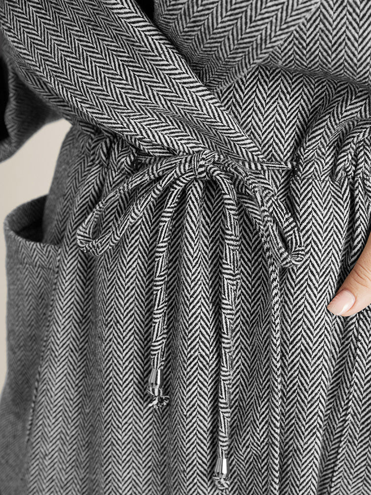 Chevron Pattern Pocket Split Hem Drawstring Coat - Image 8
