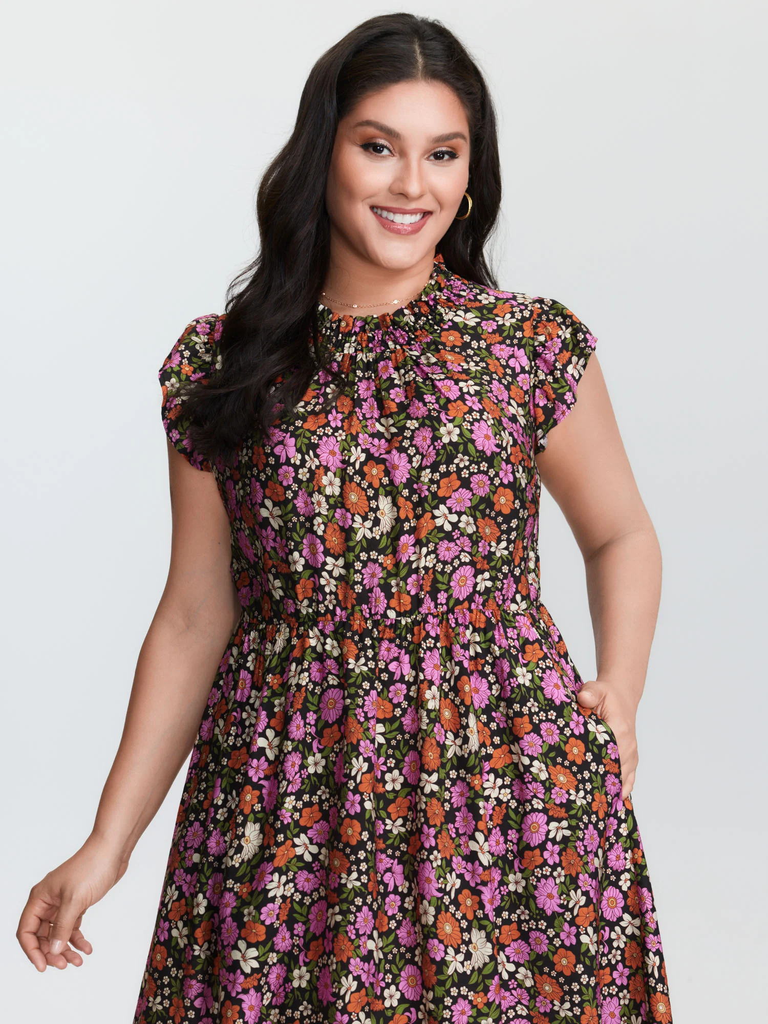 Chic Floral Print Ruffled Mock Neckline Mini Dress - Image 2