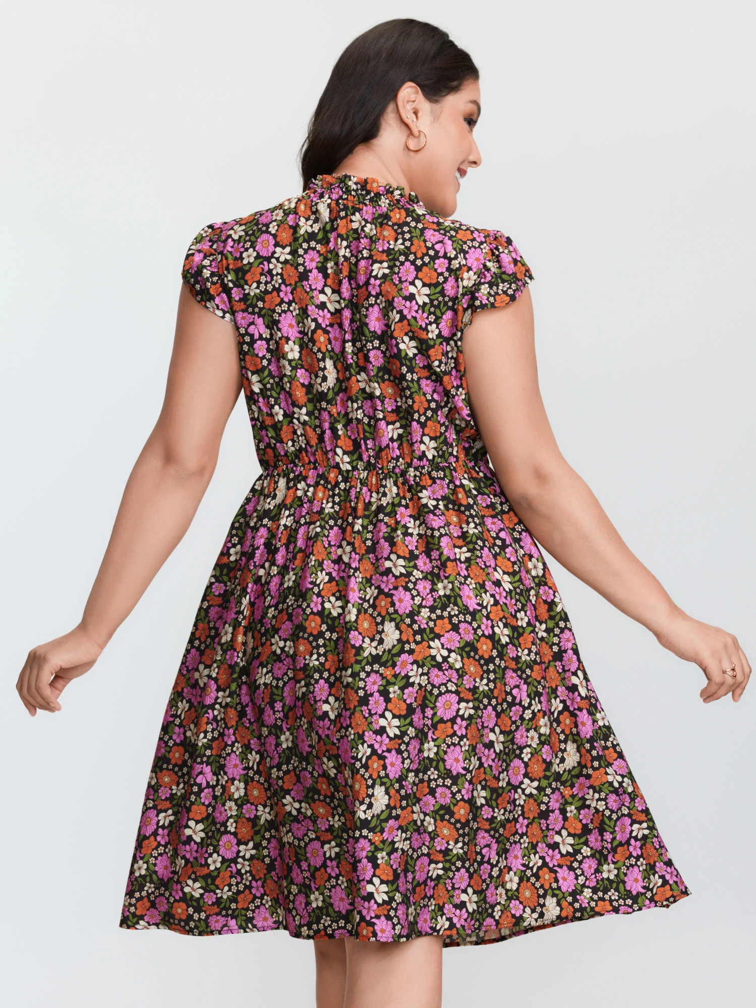 Chic Floral Print Ruffled Mock Neckline Mini Dress - Image 5
