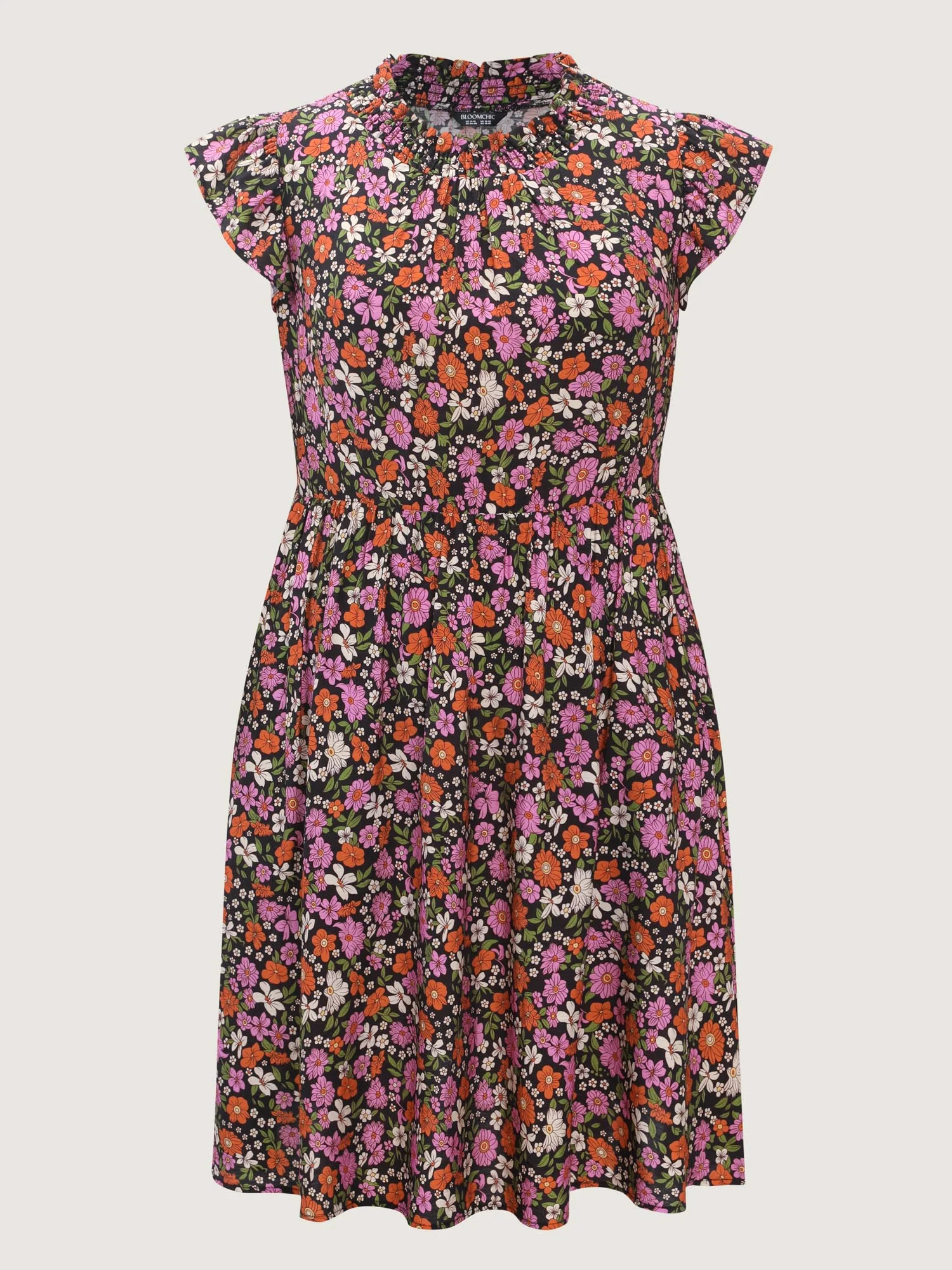 Chic Floral Print Ruffled Mock Neckline Mini Dress - Image 8
