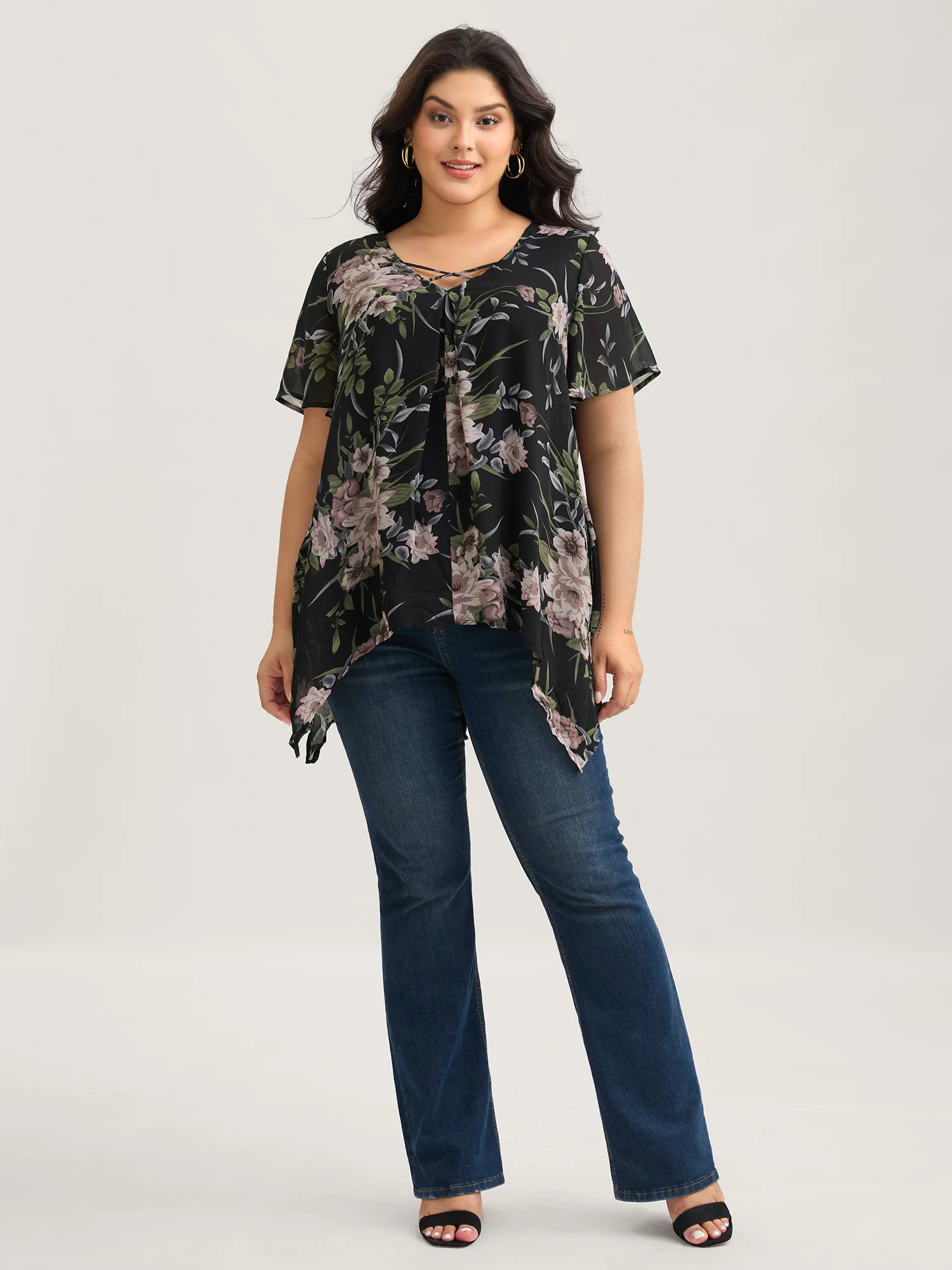 Chiffon Floral Crisscross Hanky Hem Blouse - Image 3