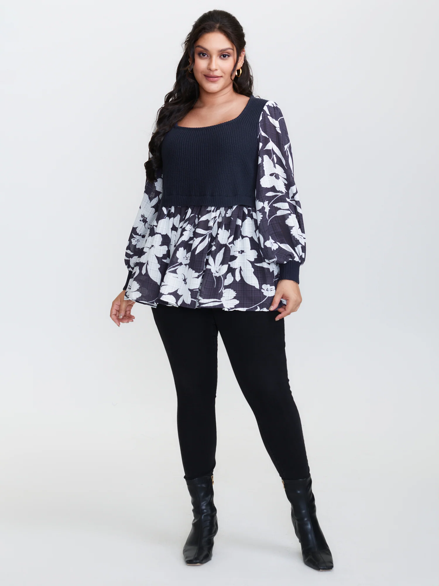Chiffon Floral Layered Square Neck Pullover - Image 3