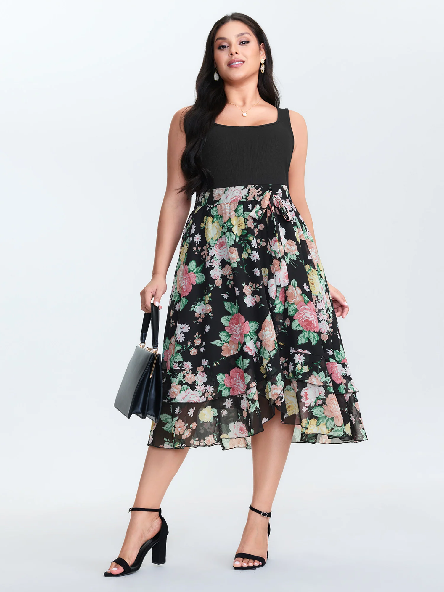 Chiffon Floral Pattern Layered Midi Dress