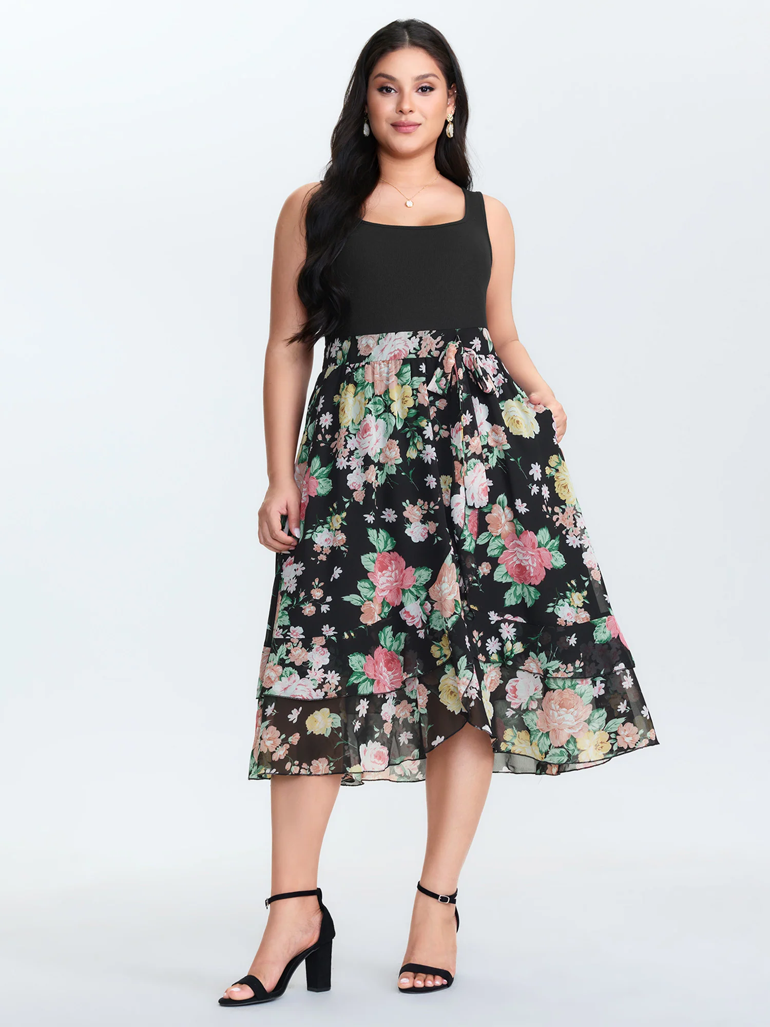 Chiffon Floral Pattern Layered Midi Dress - Image 3