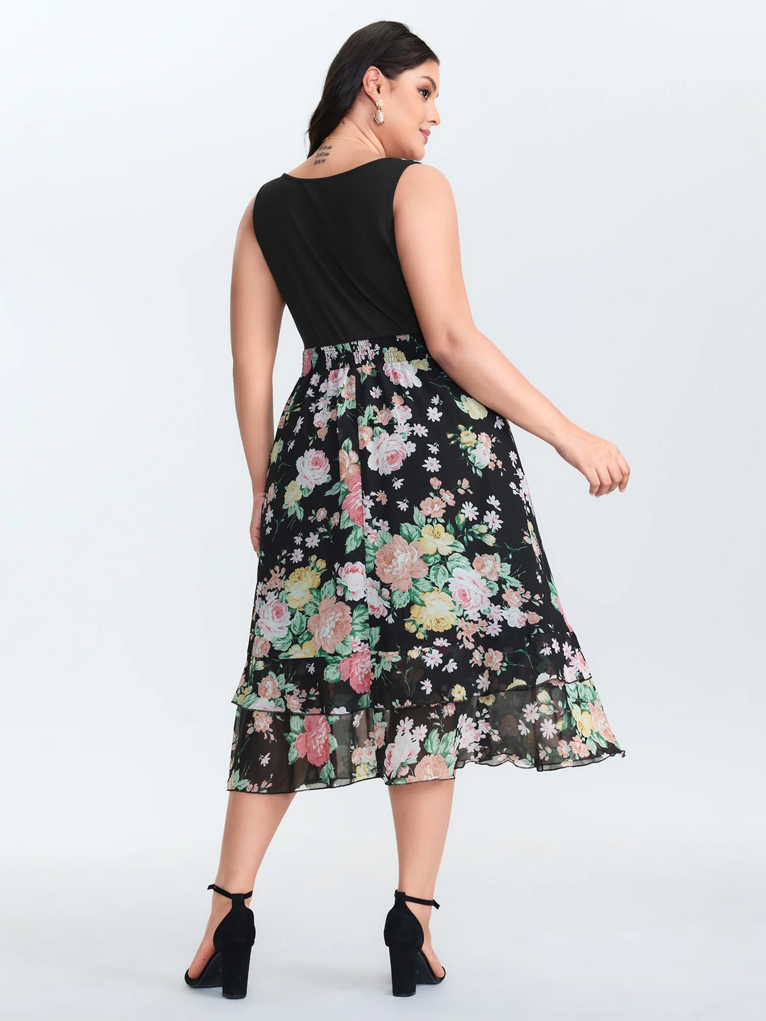 Chiffon Floral Pattern Layered Midi Dress - Image 4