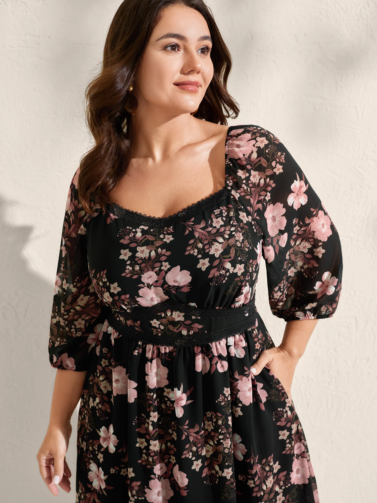 Chiffon Floral Print Lace Trim Midi Dress - Image 2