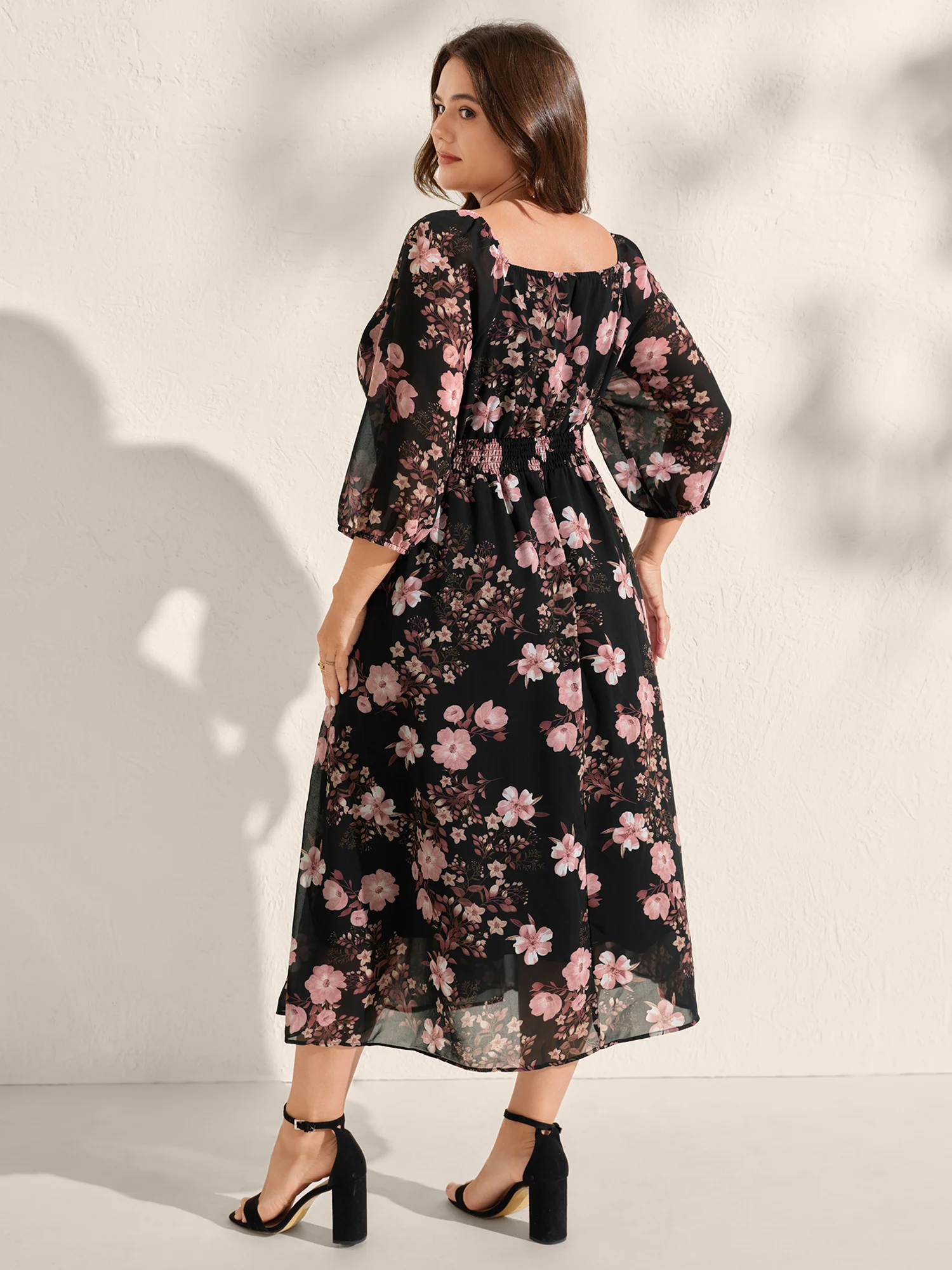 Chiffon Floral Print Lace Trim Midi Dress - Image 4