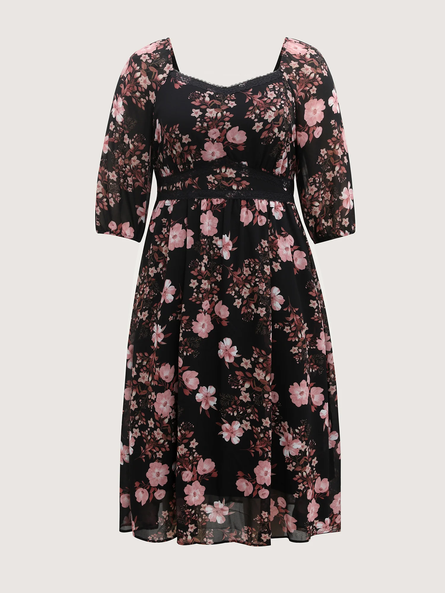 Chiffon Floral Print Lace Trim Midi Dress - Image 7