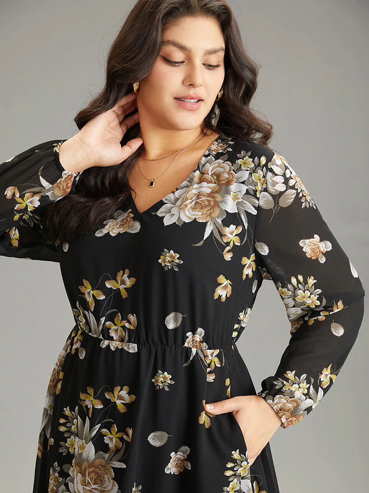 Chiffon Floral Print Pocket Mesh Dress - Image 5