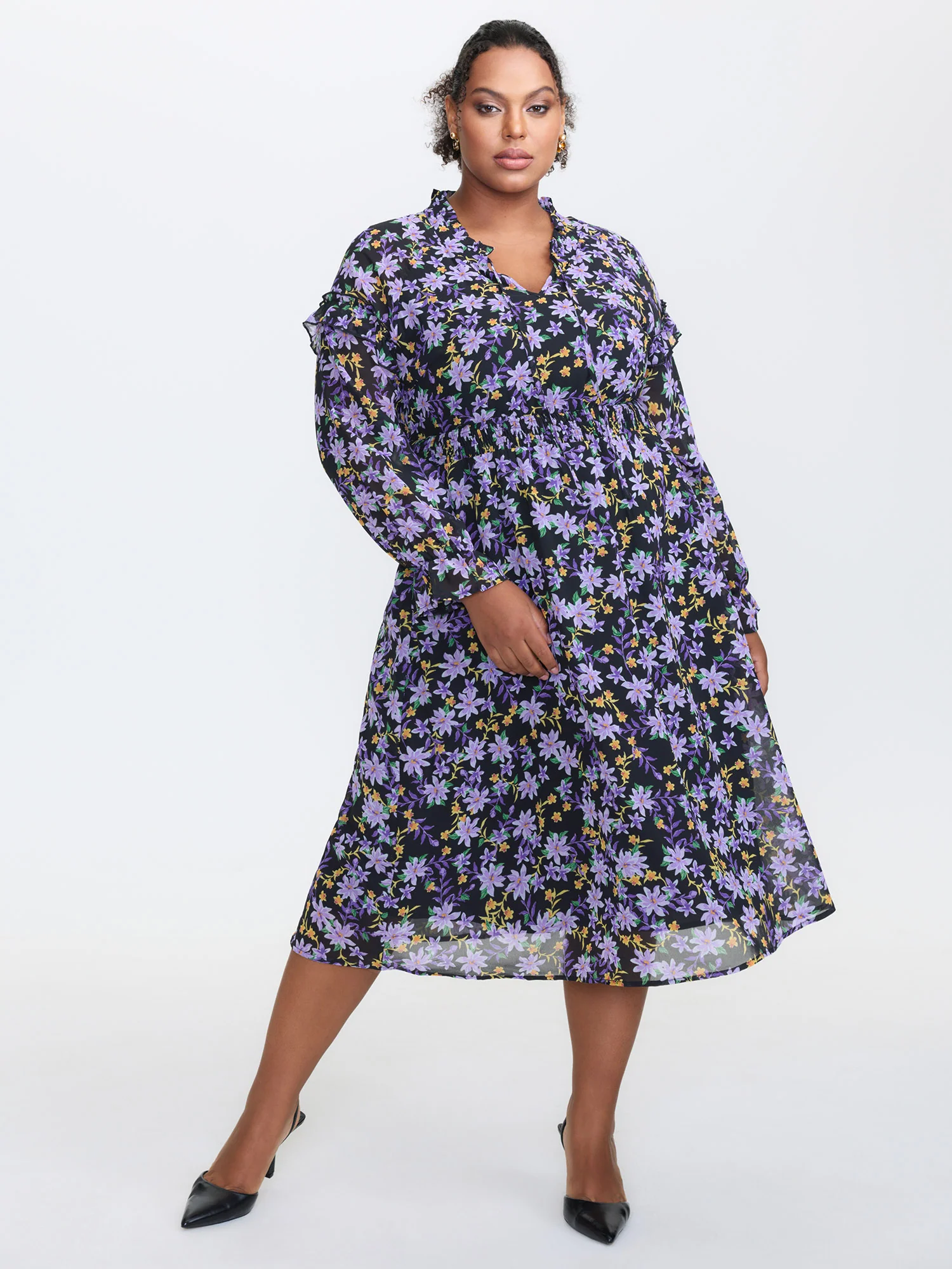 Chiffon Floral Print Ruffled Midi Dress - Image 2