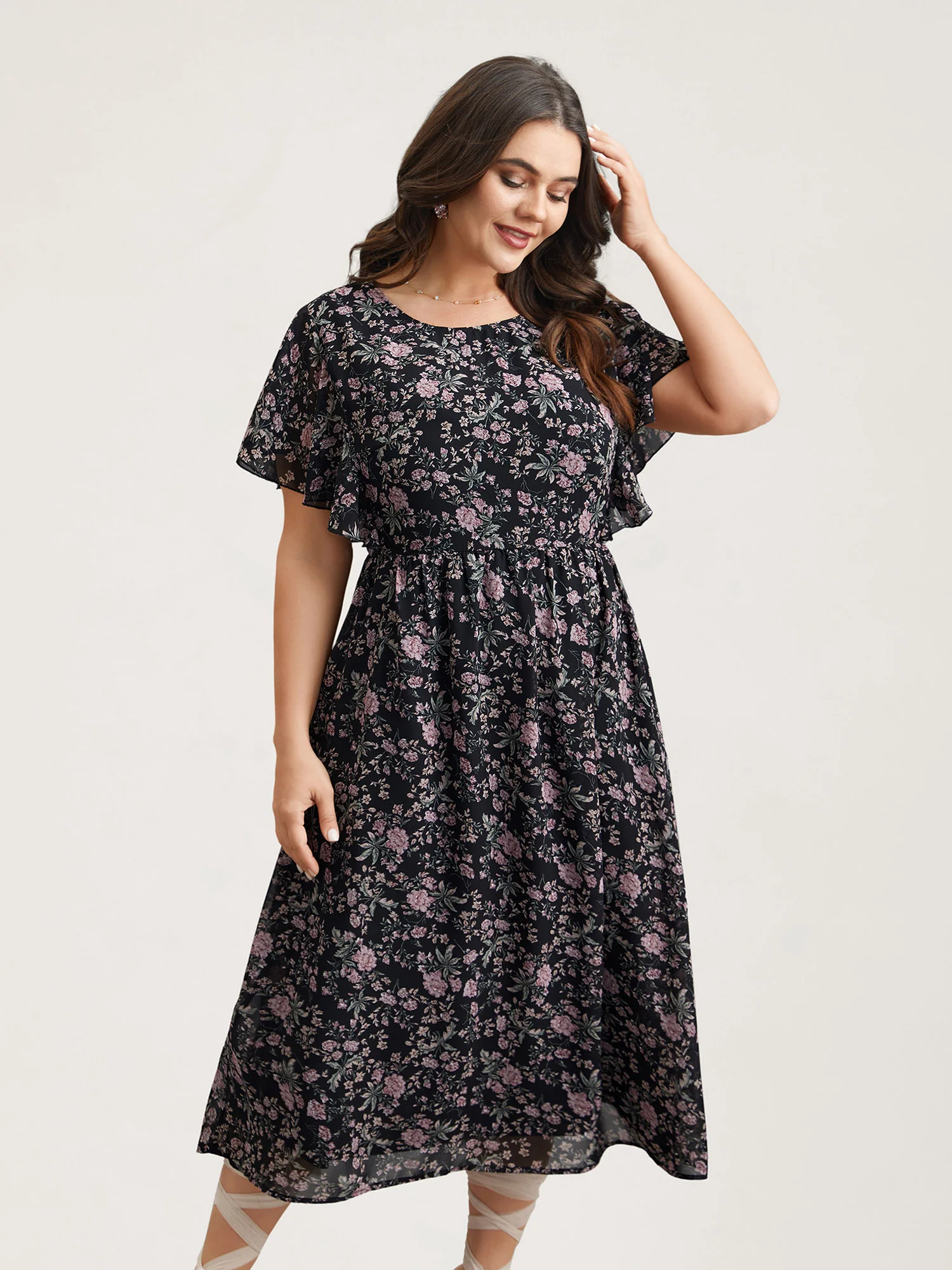 Chiffon Floral Print Ruffled Midi Dress - Image 3