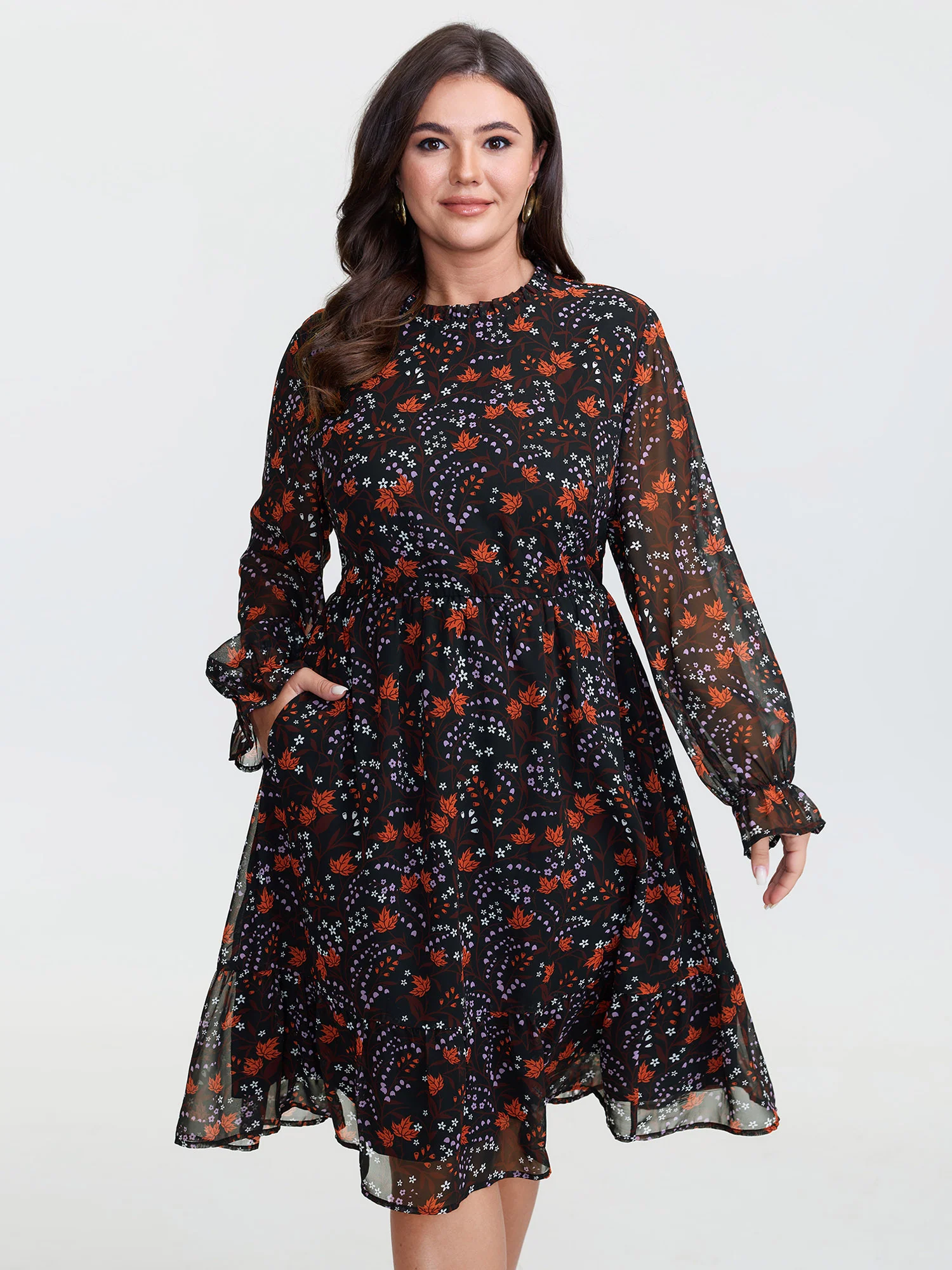 Chiffon Floral Print Ruffled Neck Midi Dress - Image 2