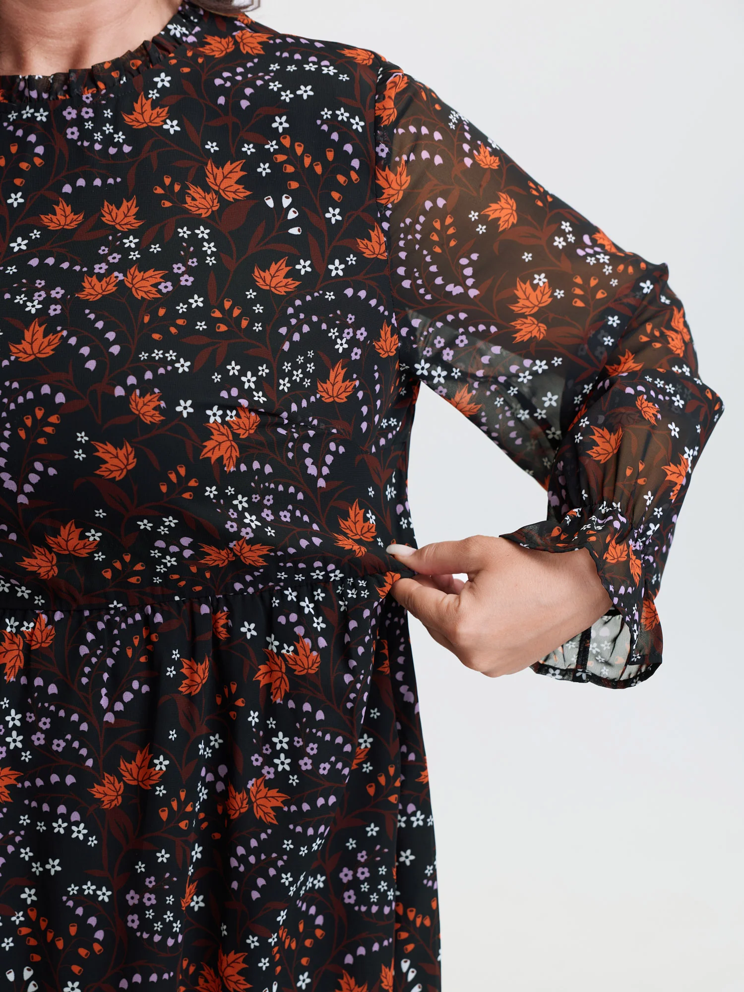 Chiffon Floral Print Ruffled Neck Midi Dress - Image 4
