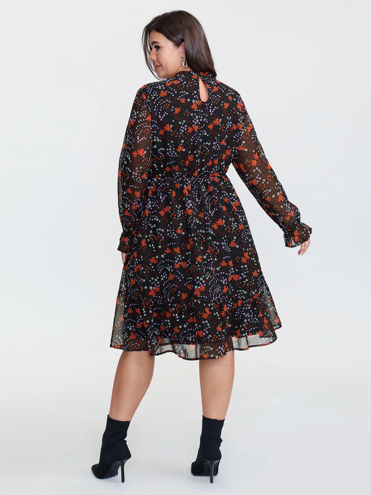 Chiffon Floral Print Ruffled Neck Midi Dress - Image 5