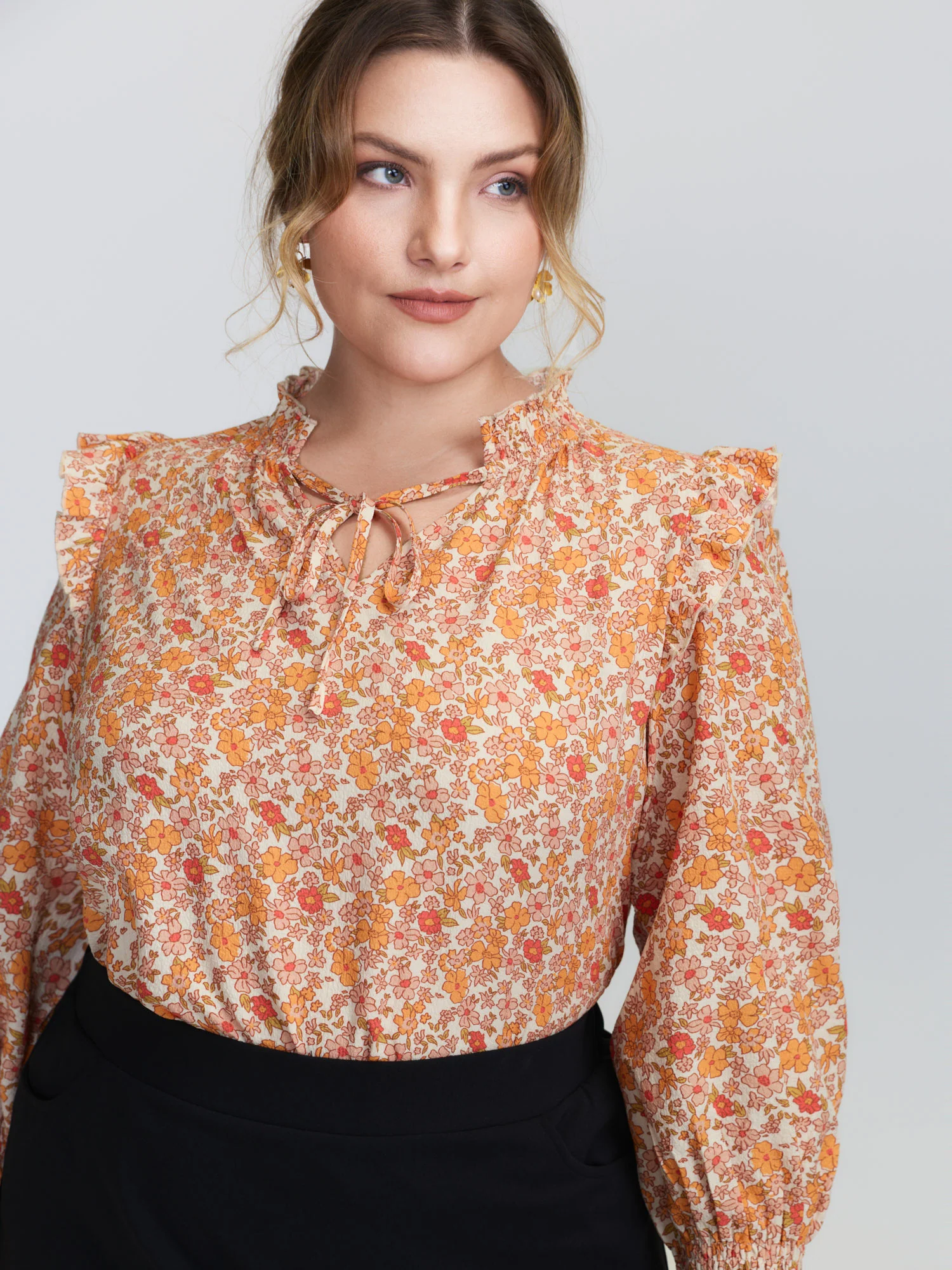 Chiffon Floral Print Ruffled Shoulder Blouse - Image 3