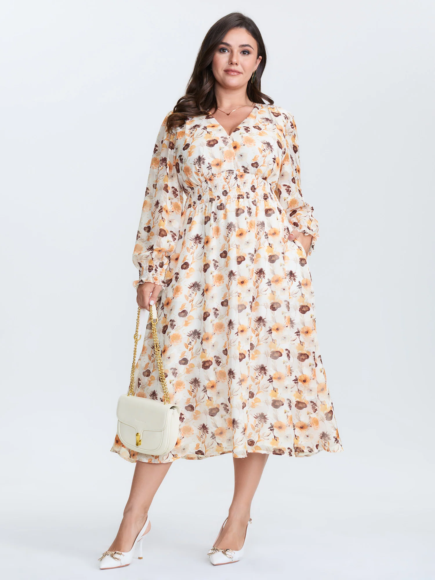 Chiffon Floral Print Shirred Waist Midi Dress - Image 3