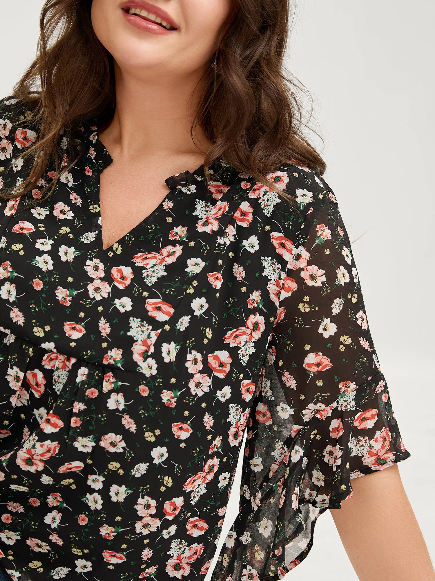 Chiffon Floral Ruffled Sleeve Blouse - Image 2