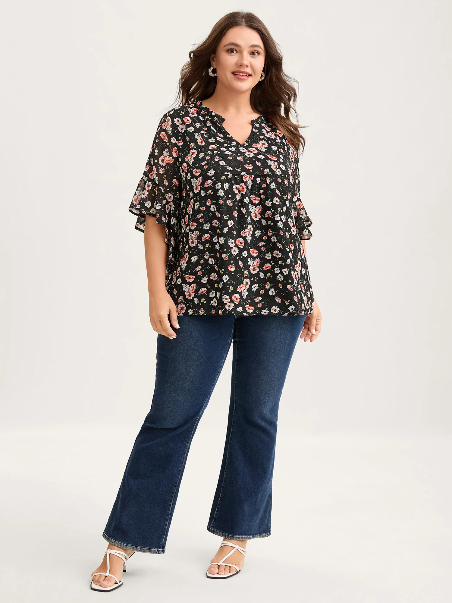 Chiffon Floral Ruffled Sleeve Blouse - Image 3